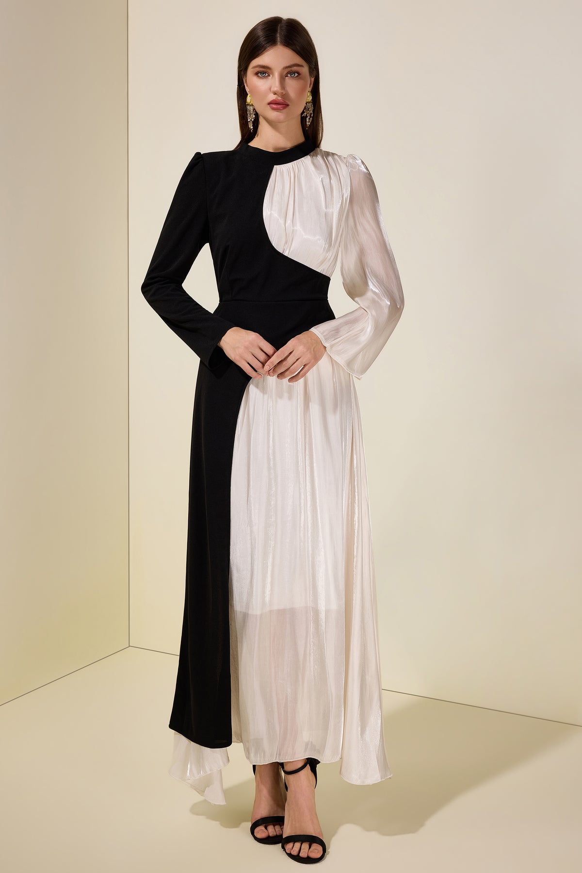 Contrast Color Satin Splicing Jersey Maxi Dress