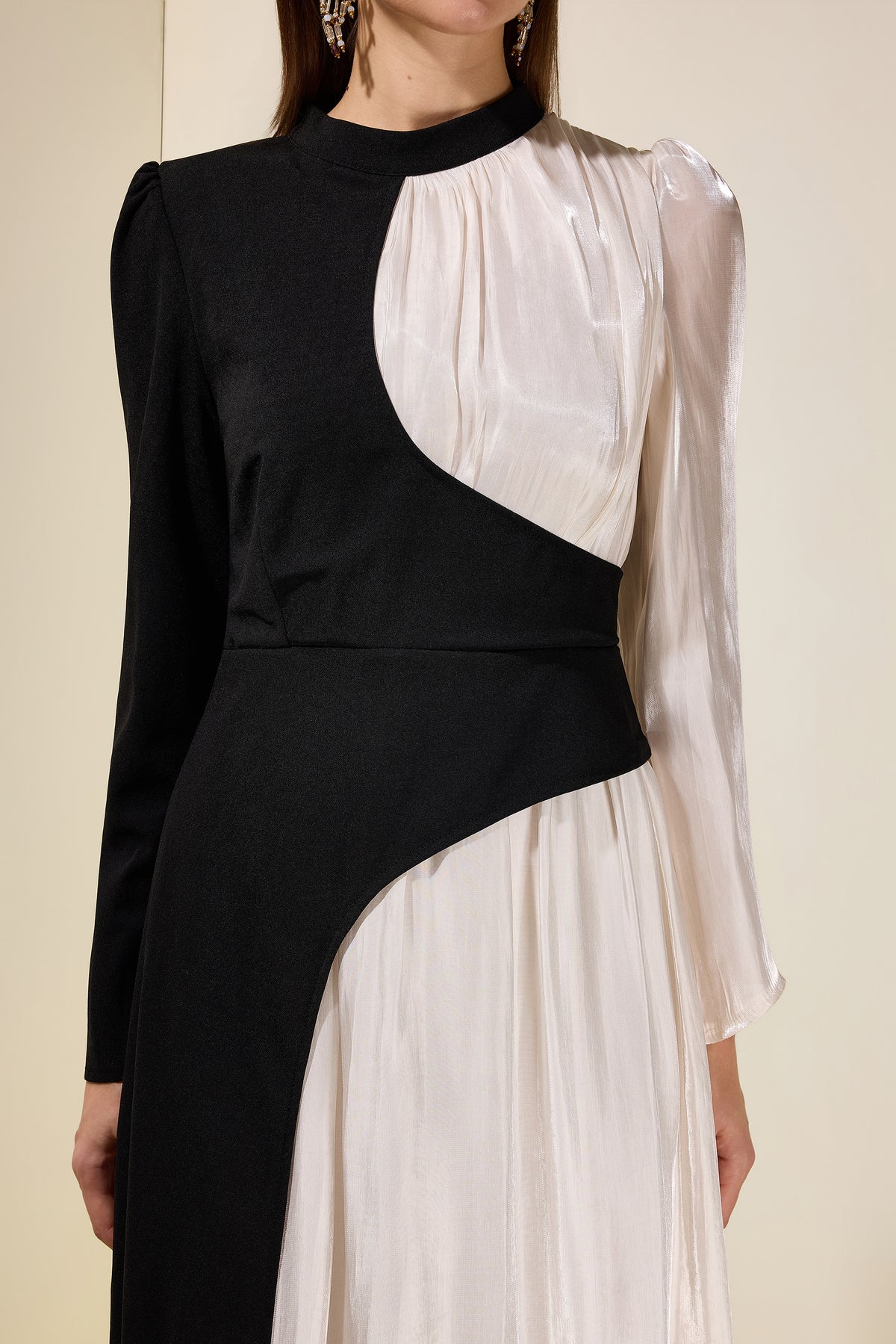 Contrast Color Satin Splicing Jersey Maxi Dress