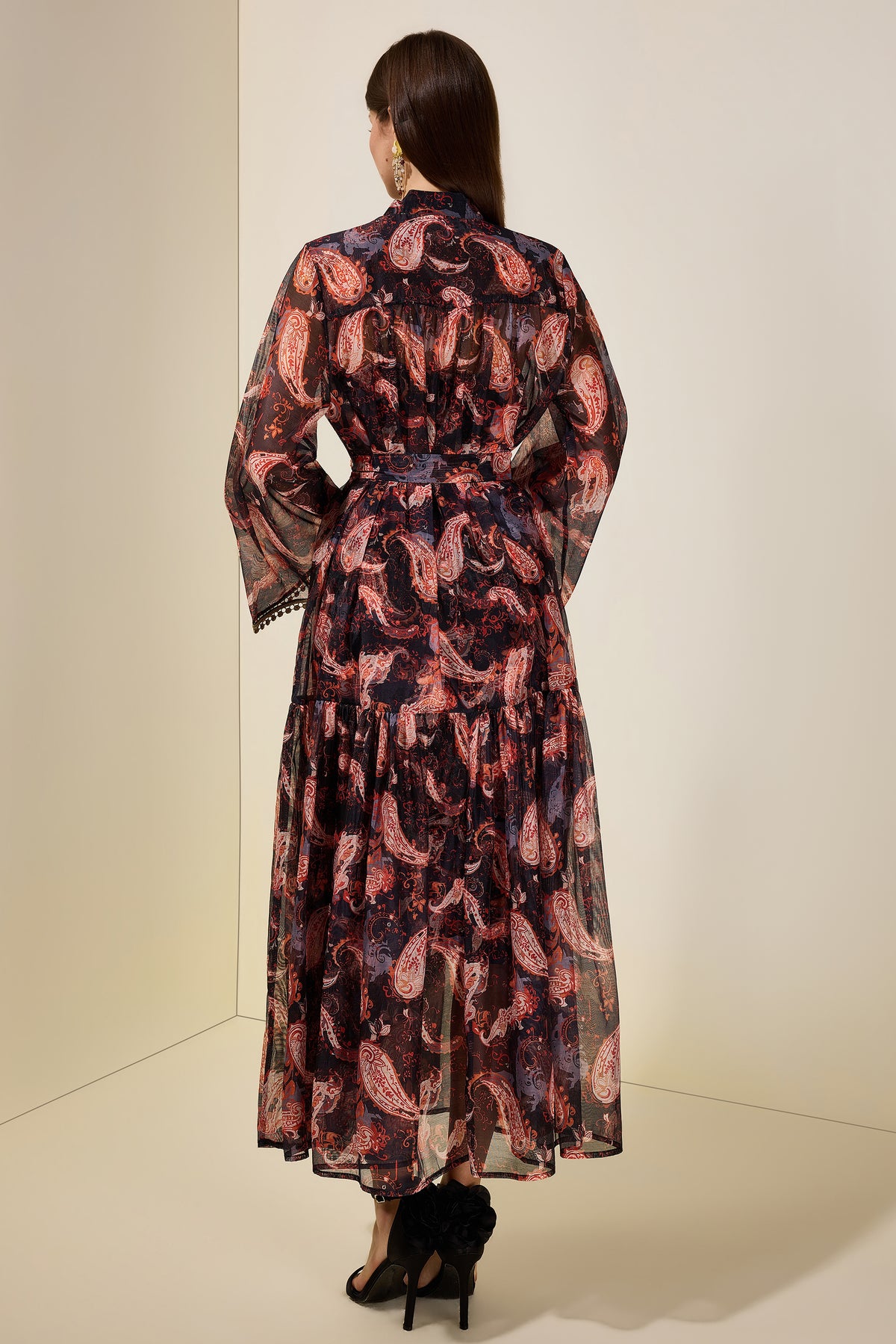 Paisley Print Stand Collar Lace Midi Dress With Belt
