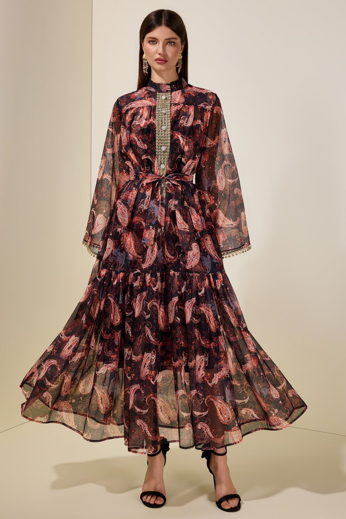 Paisley Print Stand Collar Lace Midi Dress With Belt