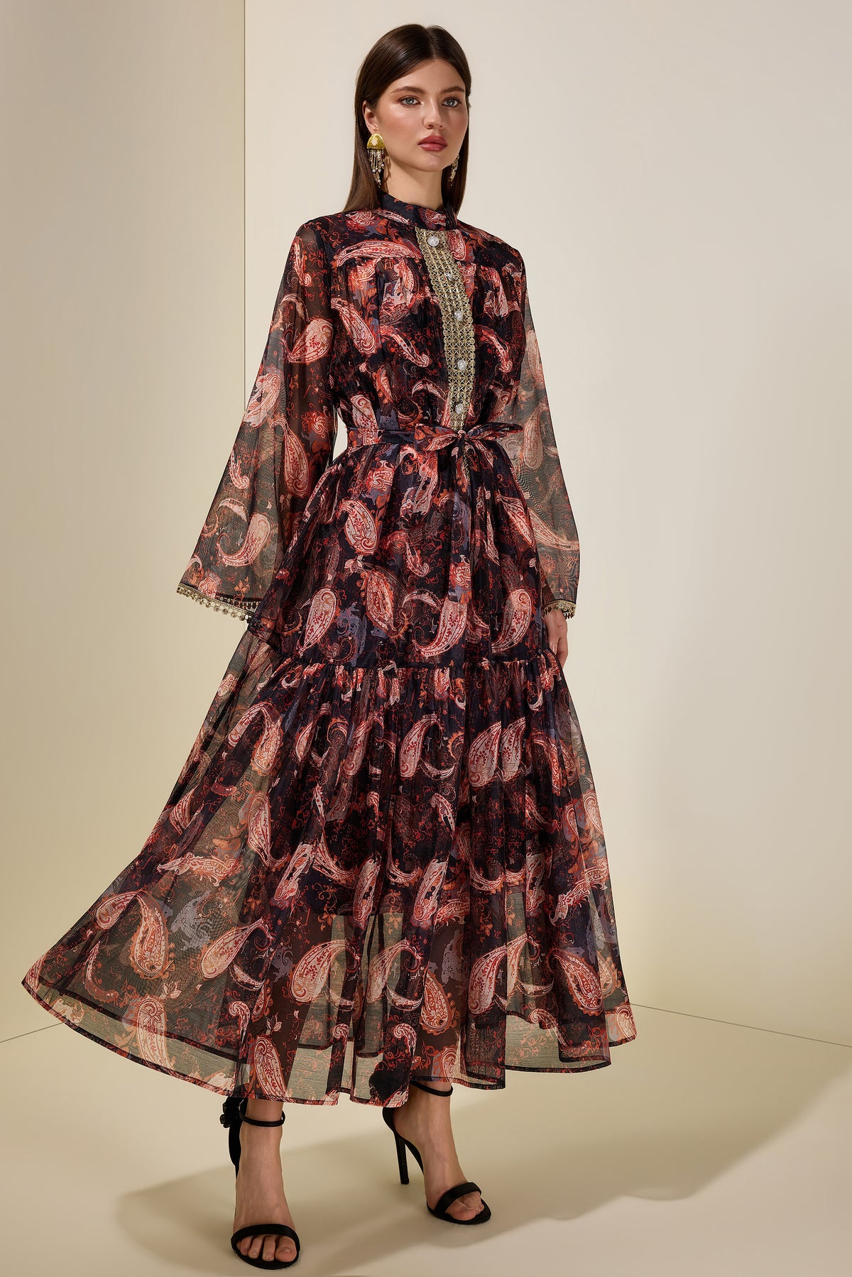 Paisley Print Stand Collar Lace Midi Dress With Belt