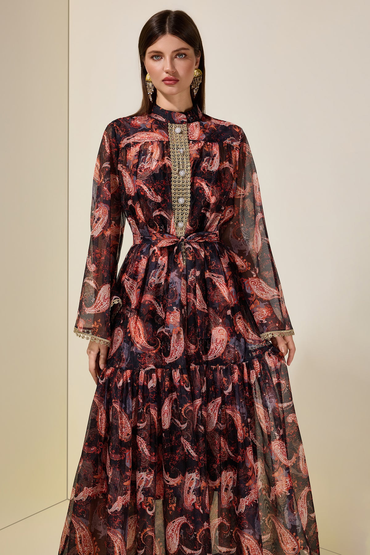 Paisley Print Stand Collar Lace Midi Dress With Belt