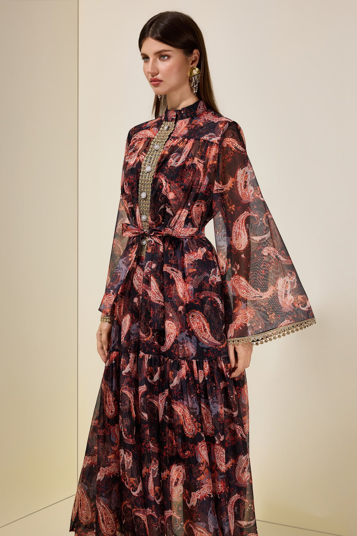 Paisley Print Stand Collar Lace Midi Dress With Belt