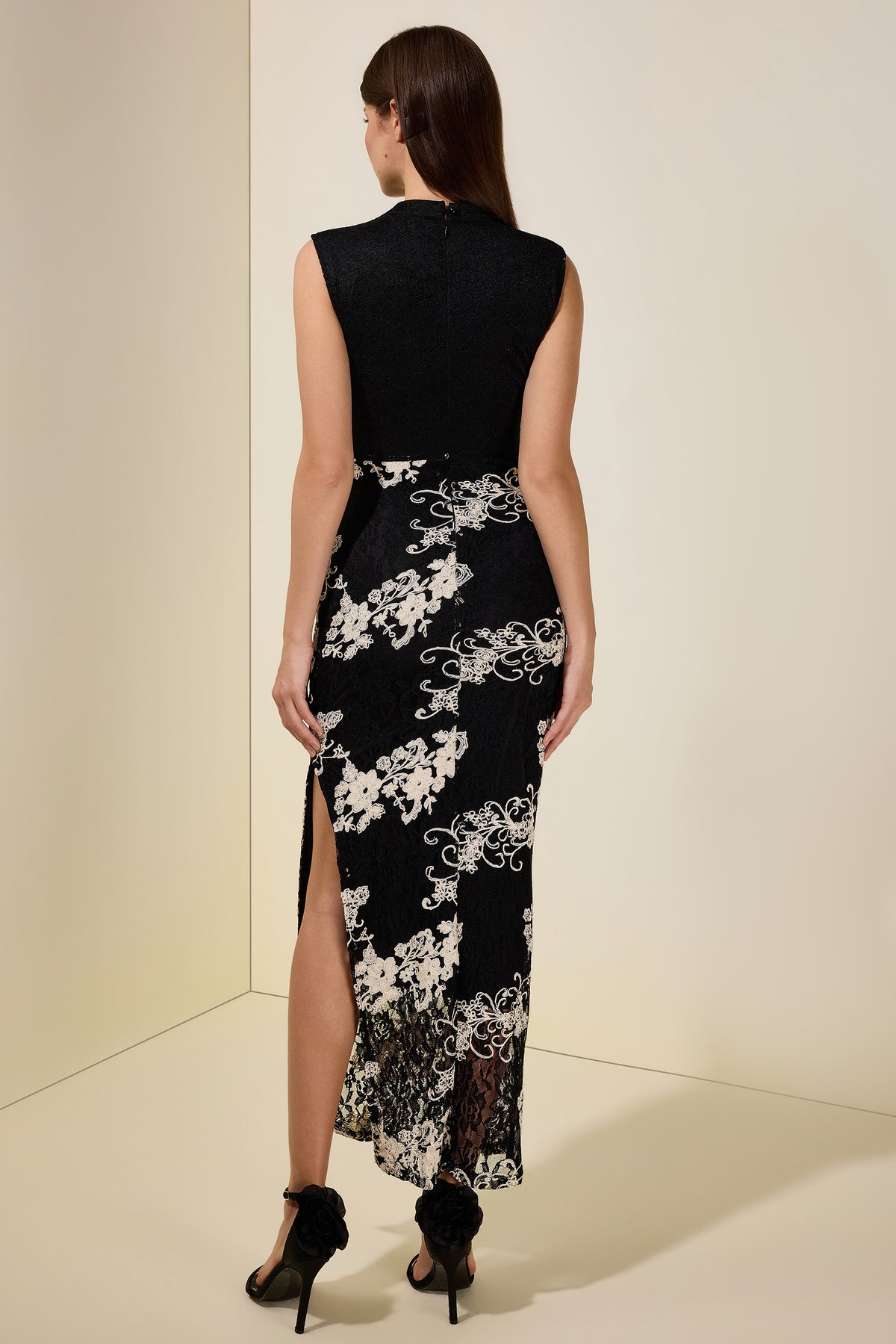 Lace Embroidered Stand Collar Midi Dress