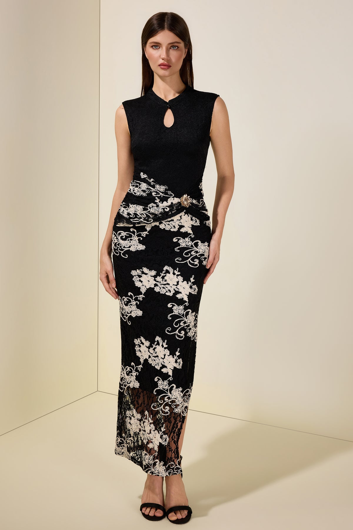 Lace Embroidered Stand Collar Midi Dress
