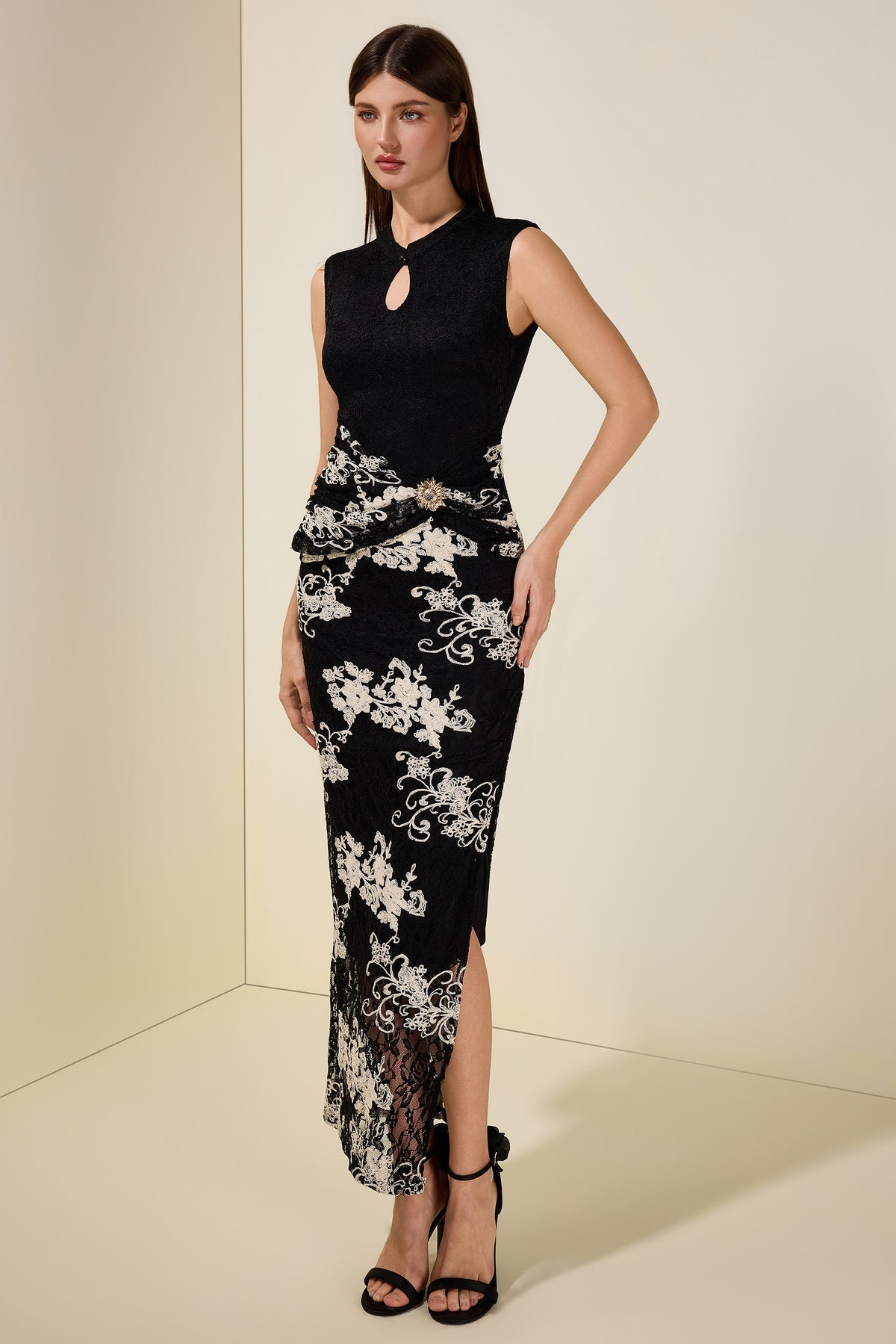 Lace Embroidered Stand Collar Midi Dress