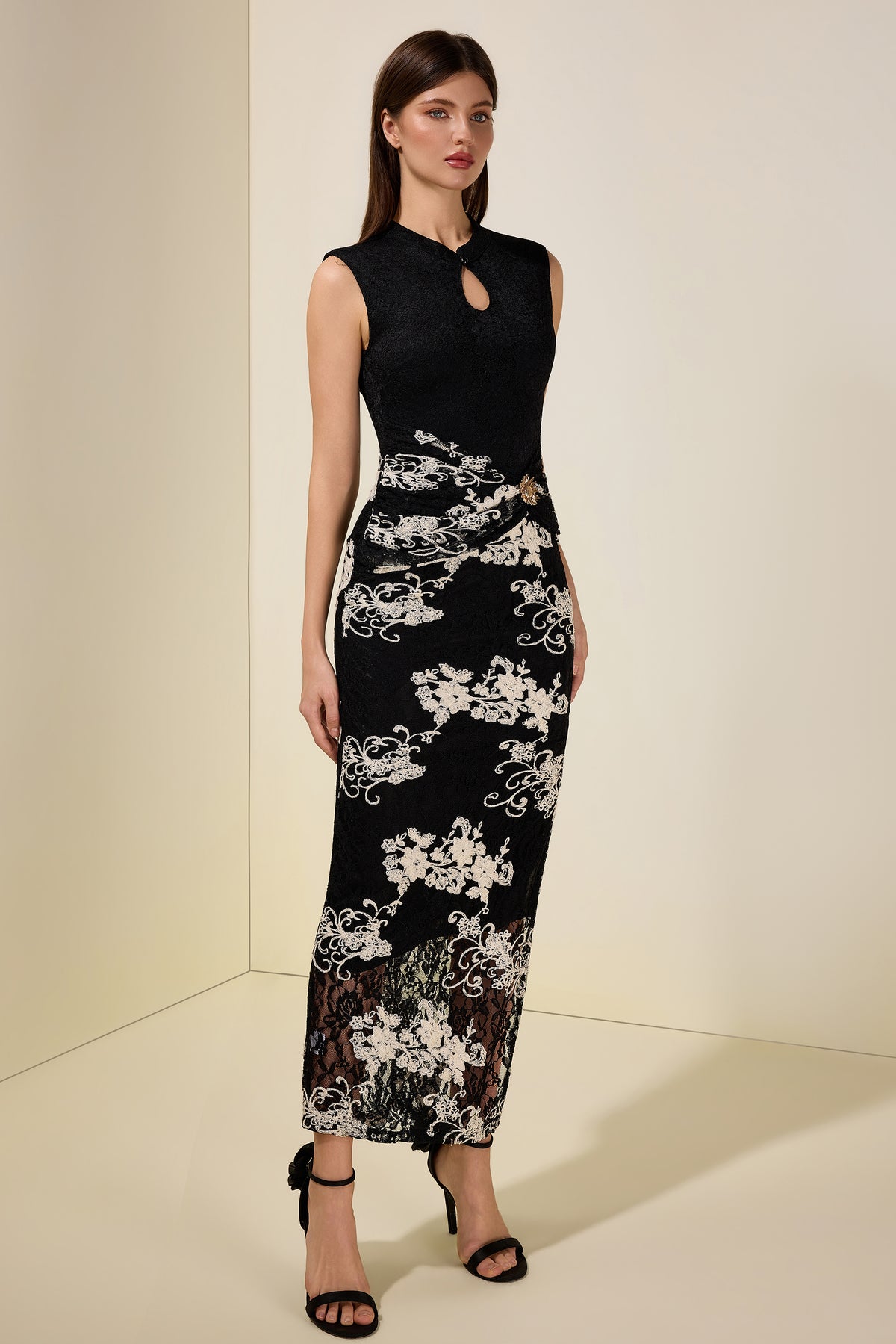 Lace Embroidered Stand Collar Midi Dress