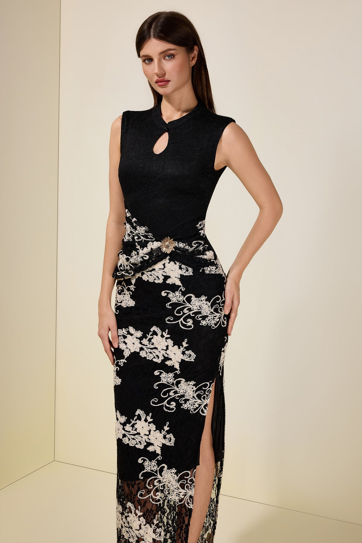 Lace Embroidered Stand Collar Midi Dress
