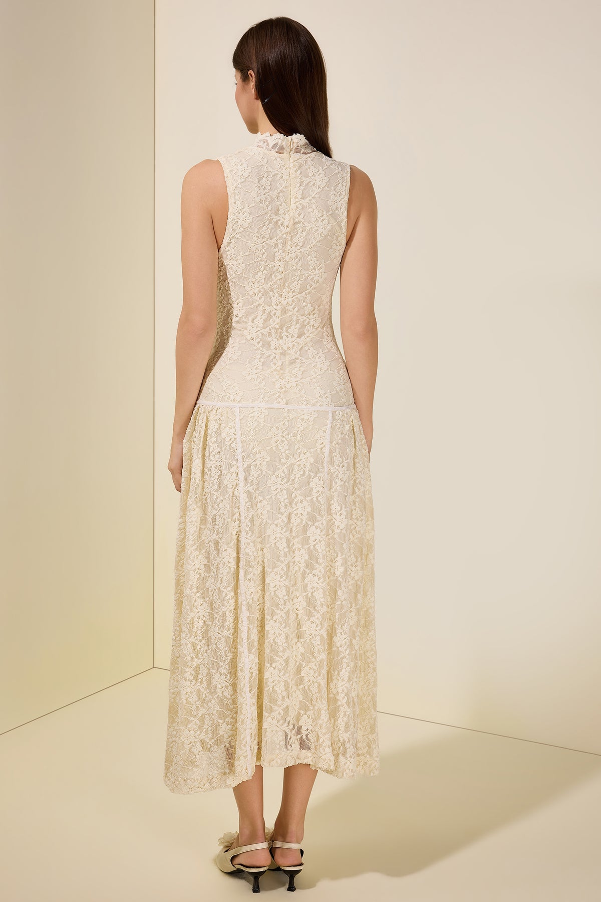 Lace Sleeveless Stand Collar Midi Dress