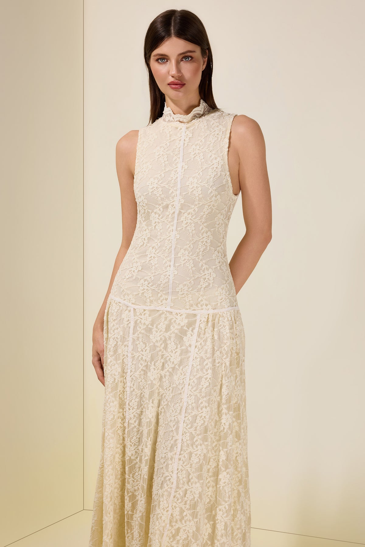 Lace Sleeveless Stand Collar Midi Dress