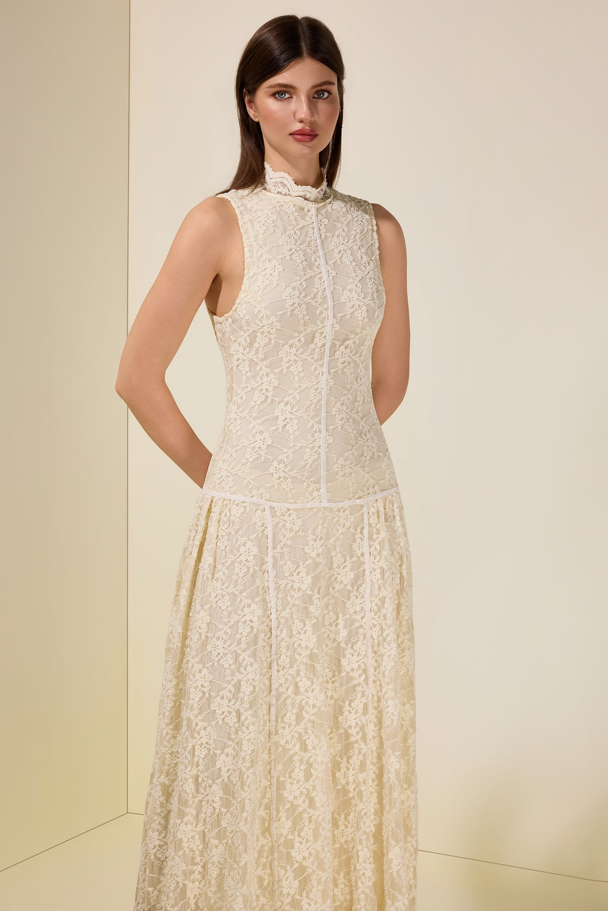 Lace Sleeveless Stand Collar Midi Dress