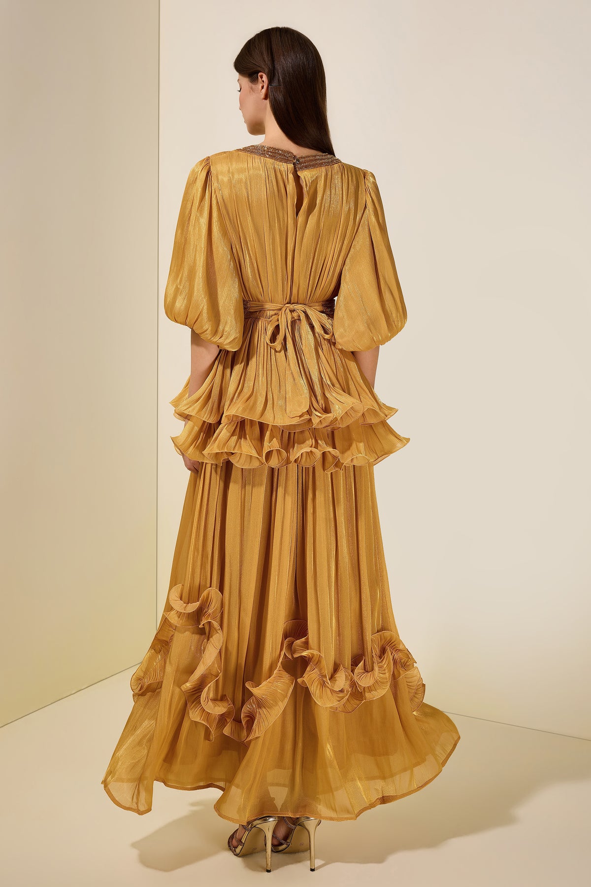 Satin Sequin Puff Sleeve Ruffle Maxi Dress With Belt