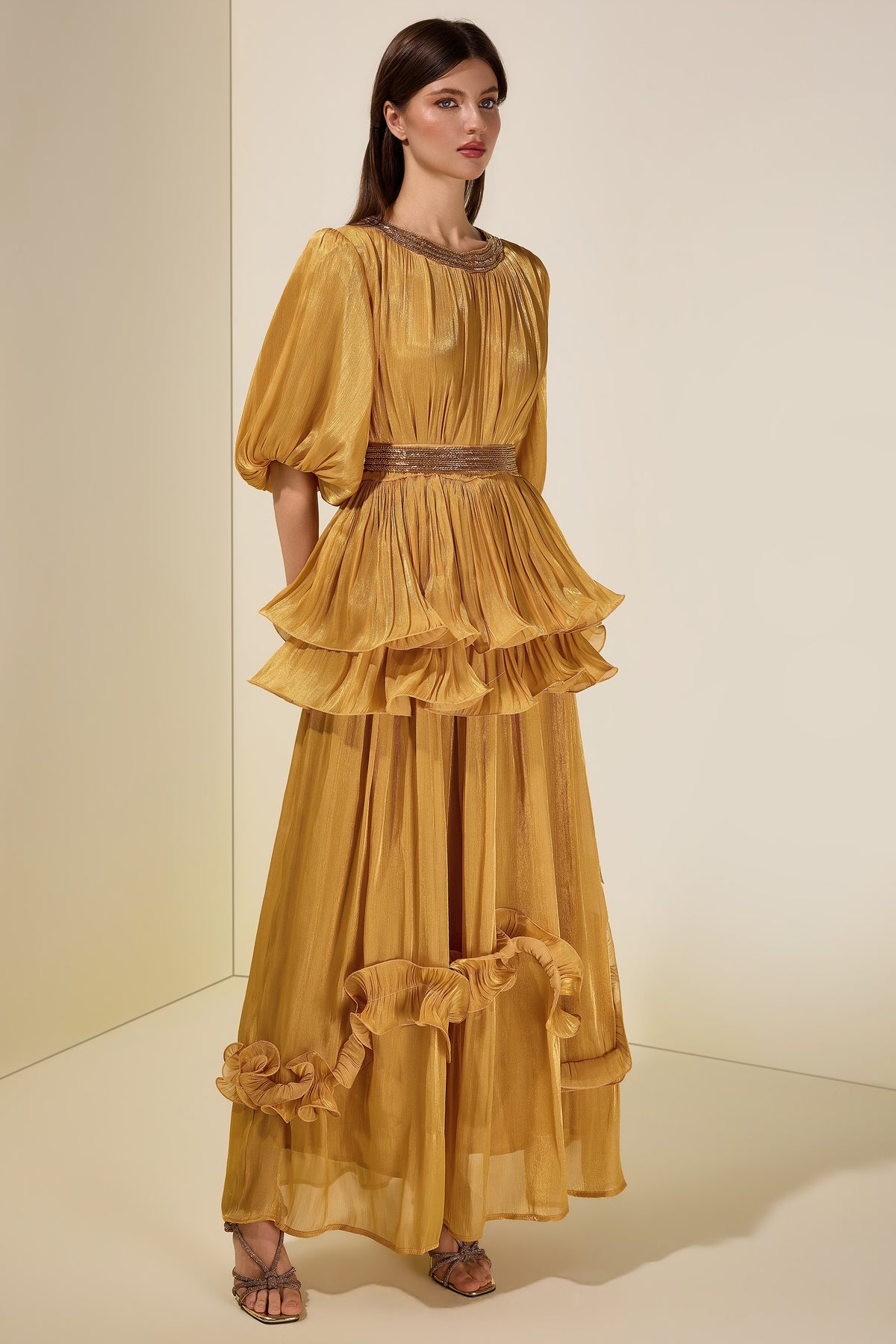 Satin Sequin Puff Sleeve Ruffle Maxi Dress With Belt