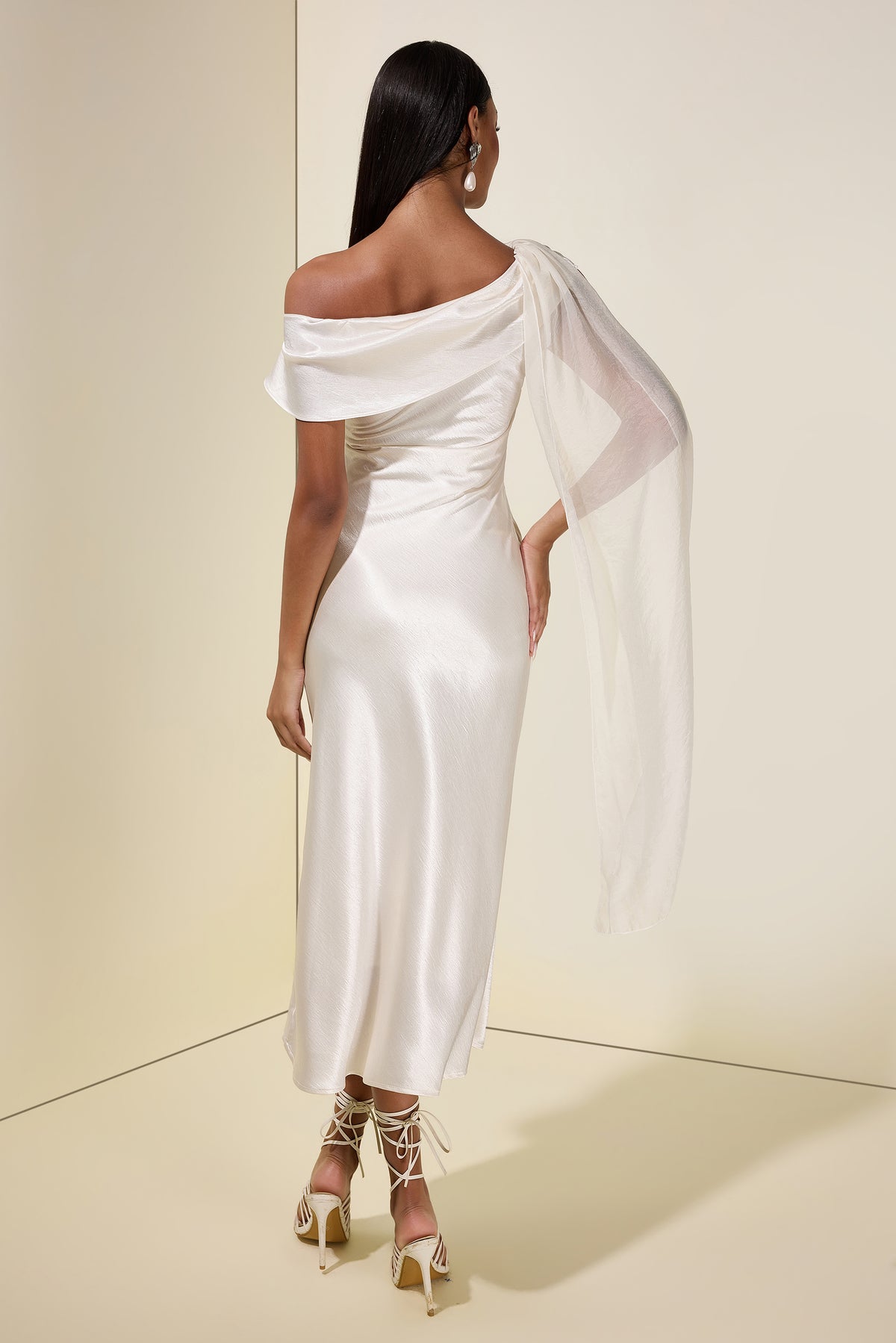 Satin One-Shoulder Cape Sleeve Midi Dress