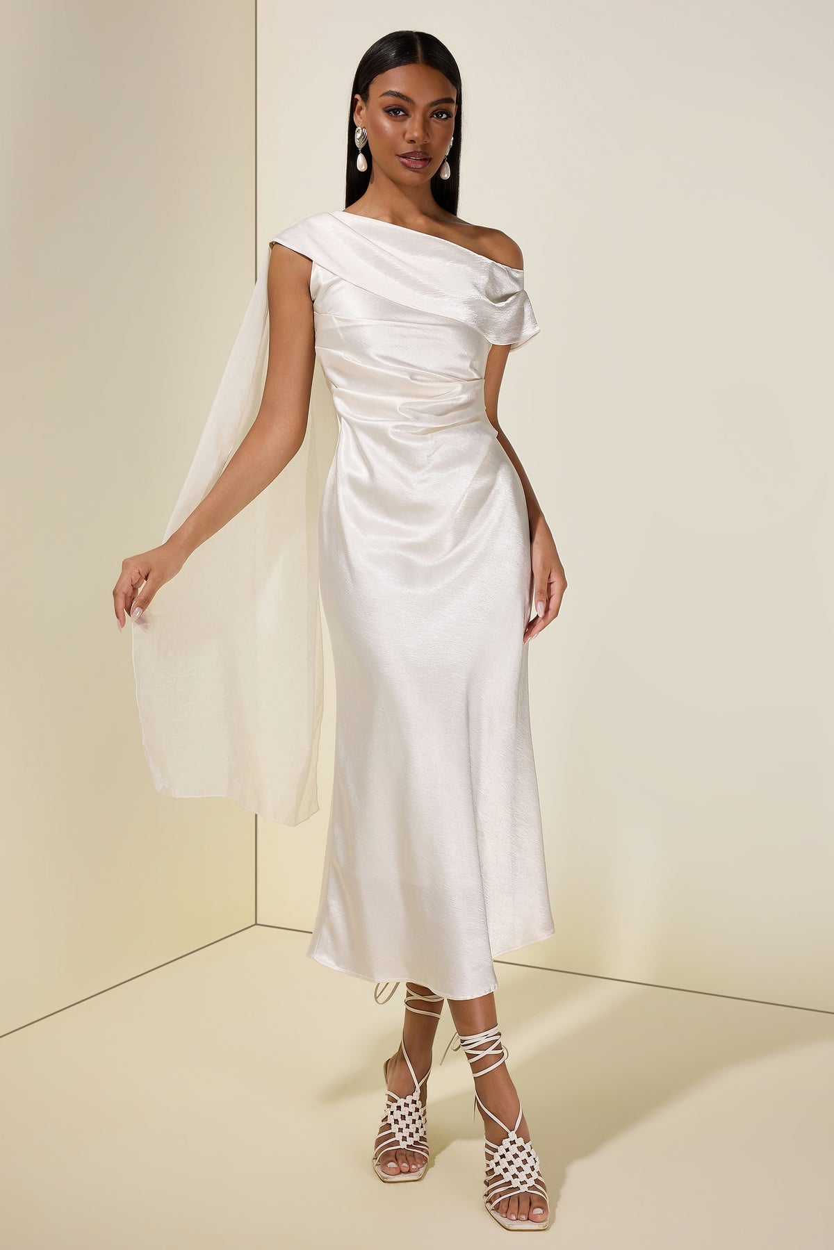 Satin One-Shoulder Cape Sleeve Midi Dress