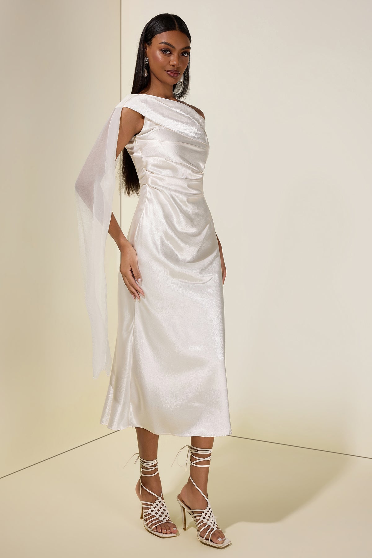 Satin One-Shoulder Cape Sleeve Midi Dress