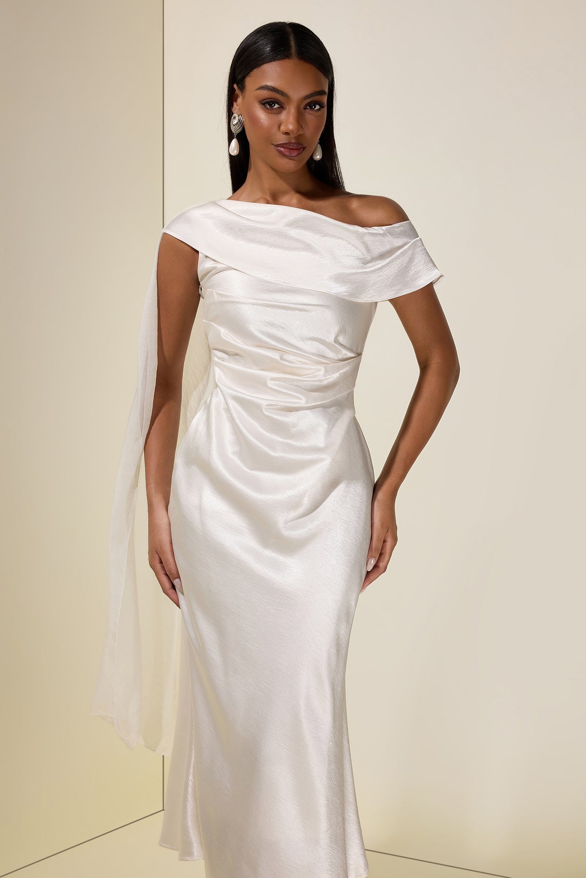 Satin One-Shoulder Cape Sleeve Midi Dress