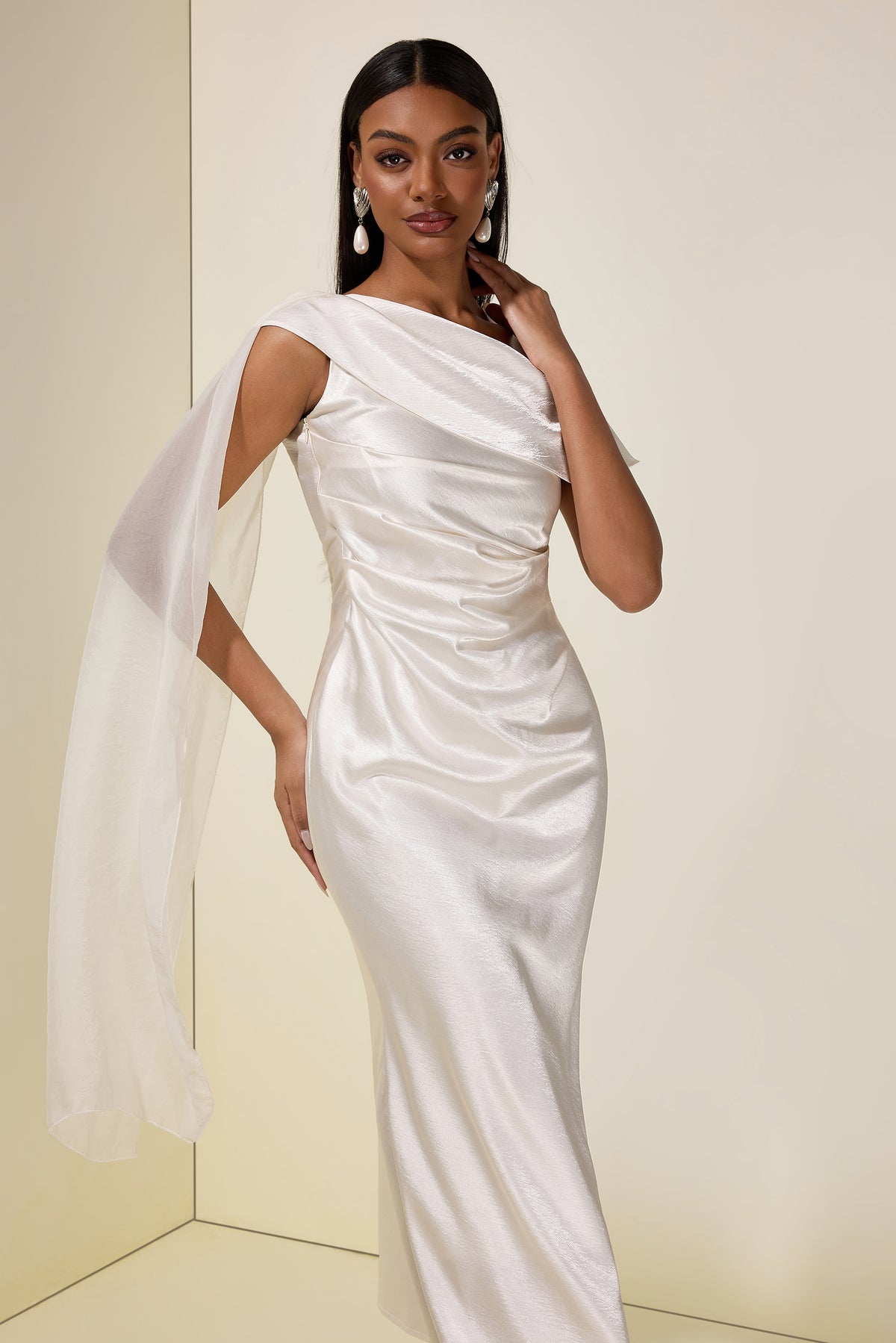 Satin One-Shoulder Cape Sleeve Midi Dress