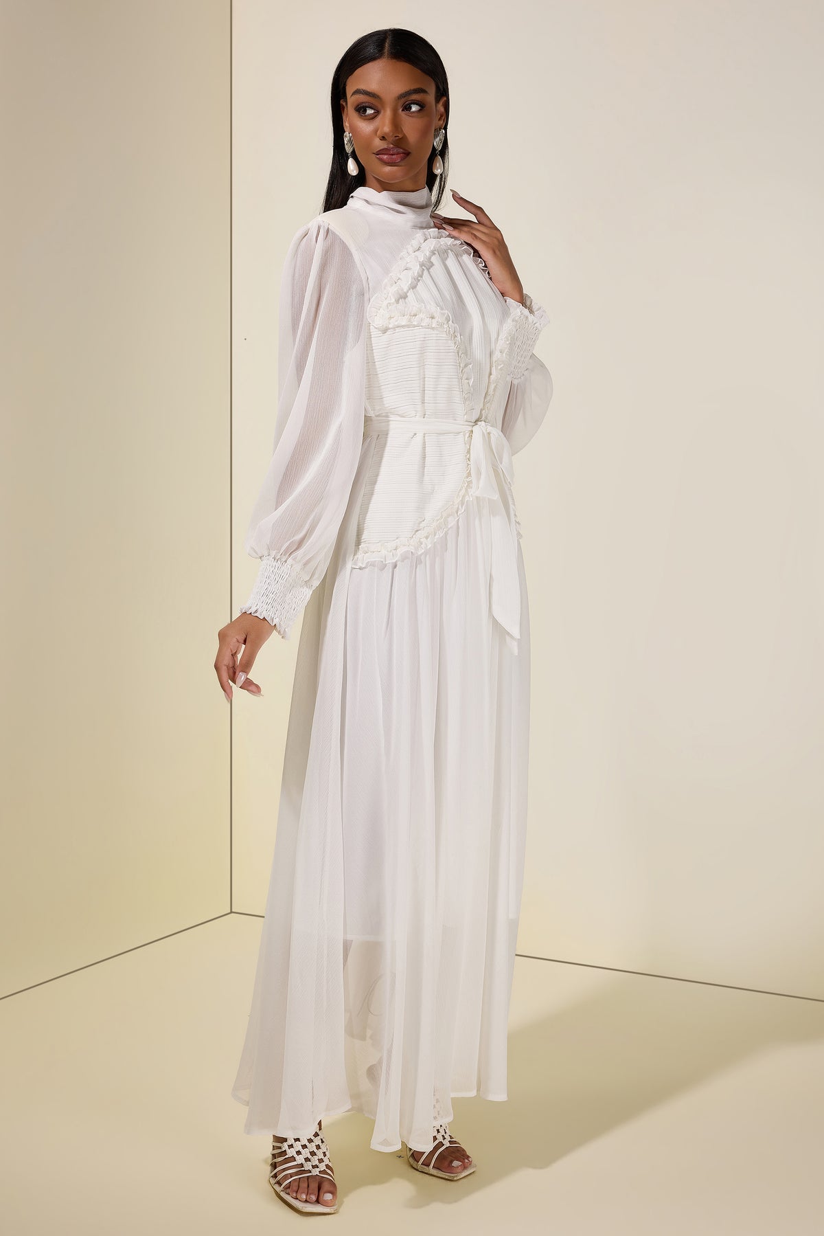 Chiffon Pleated Tie-Up Maxi Dress