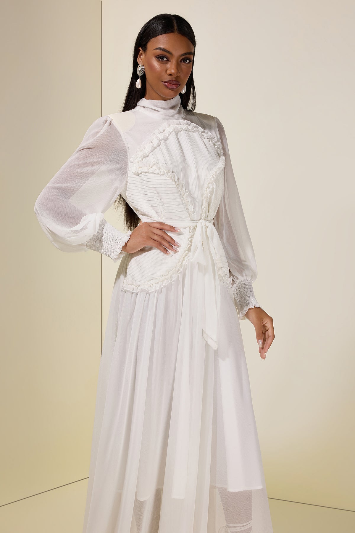 Chiffon Pleated Tie-Up Maxi Dress