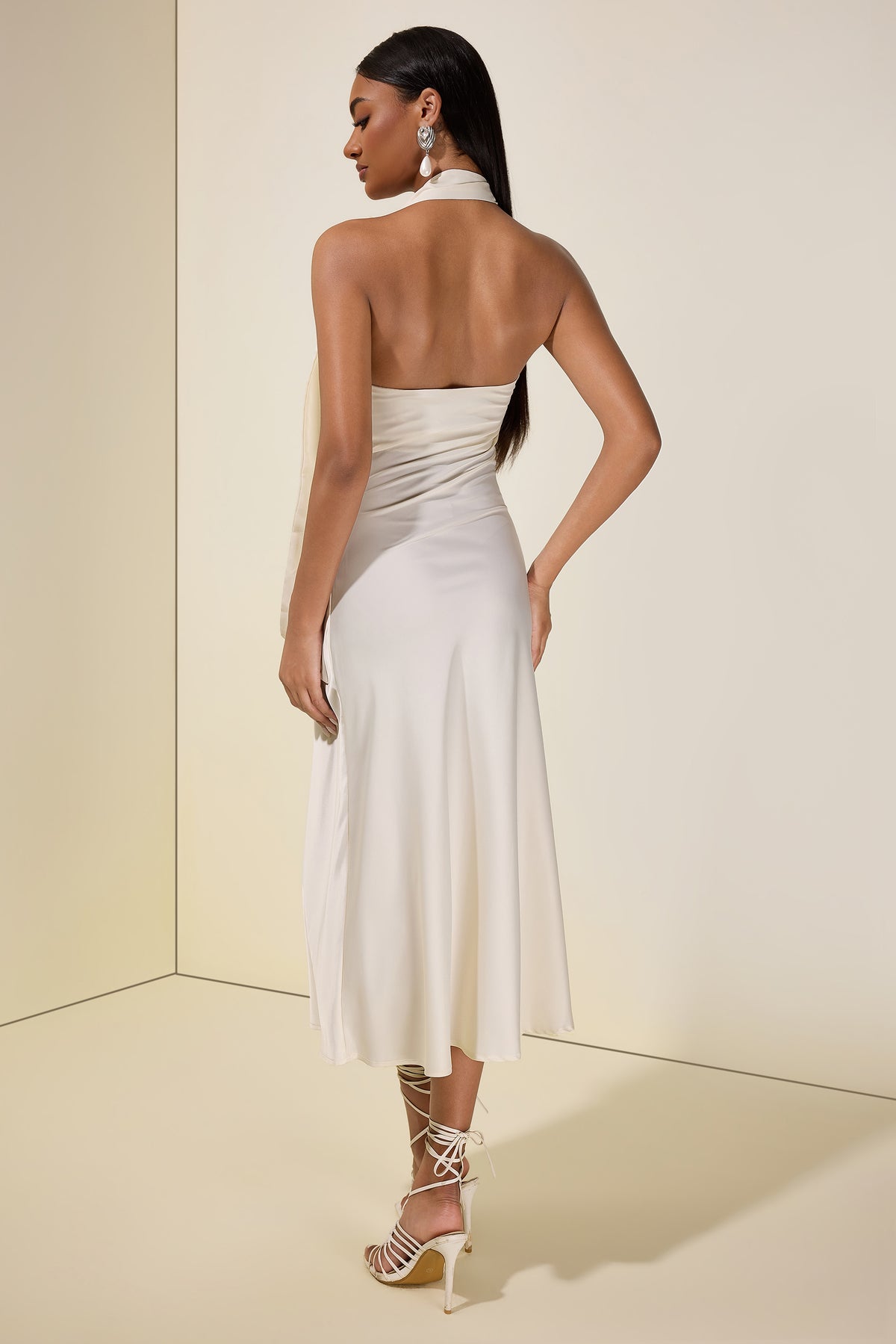 Satin 3D Flower Halter Neck Midi Dress