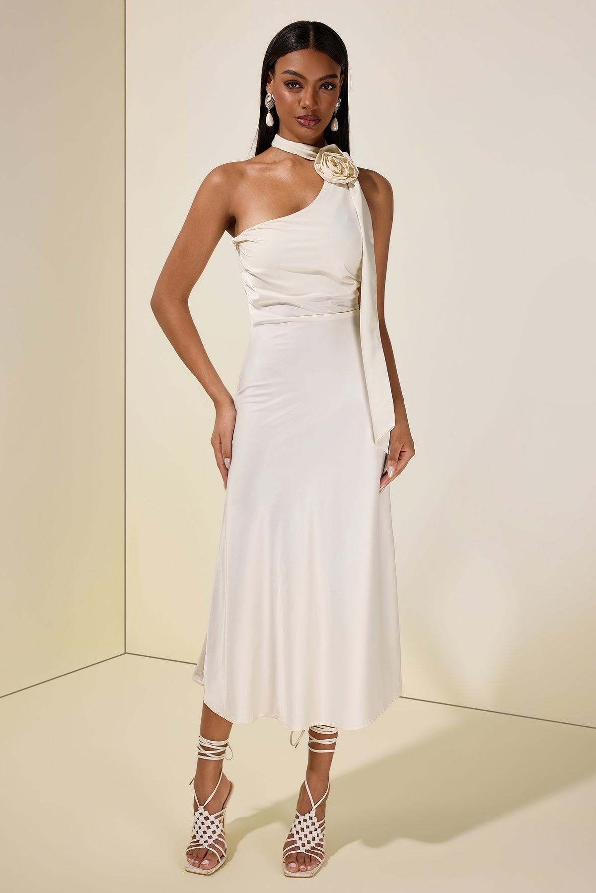 Satin 3D Flower Halter Neck Midi Dress