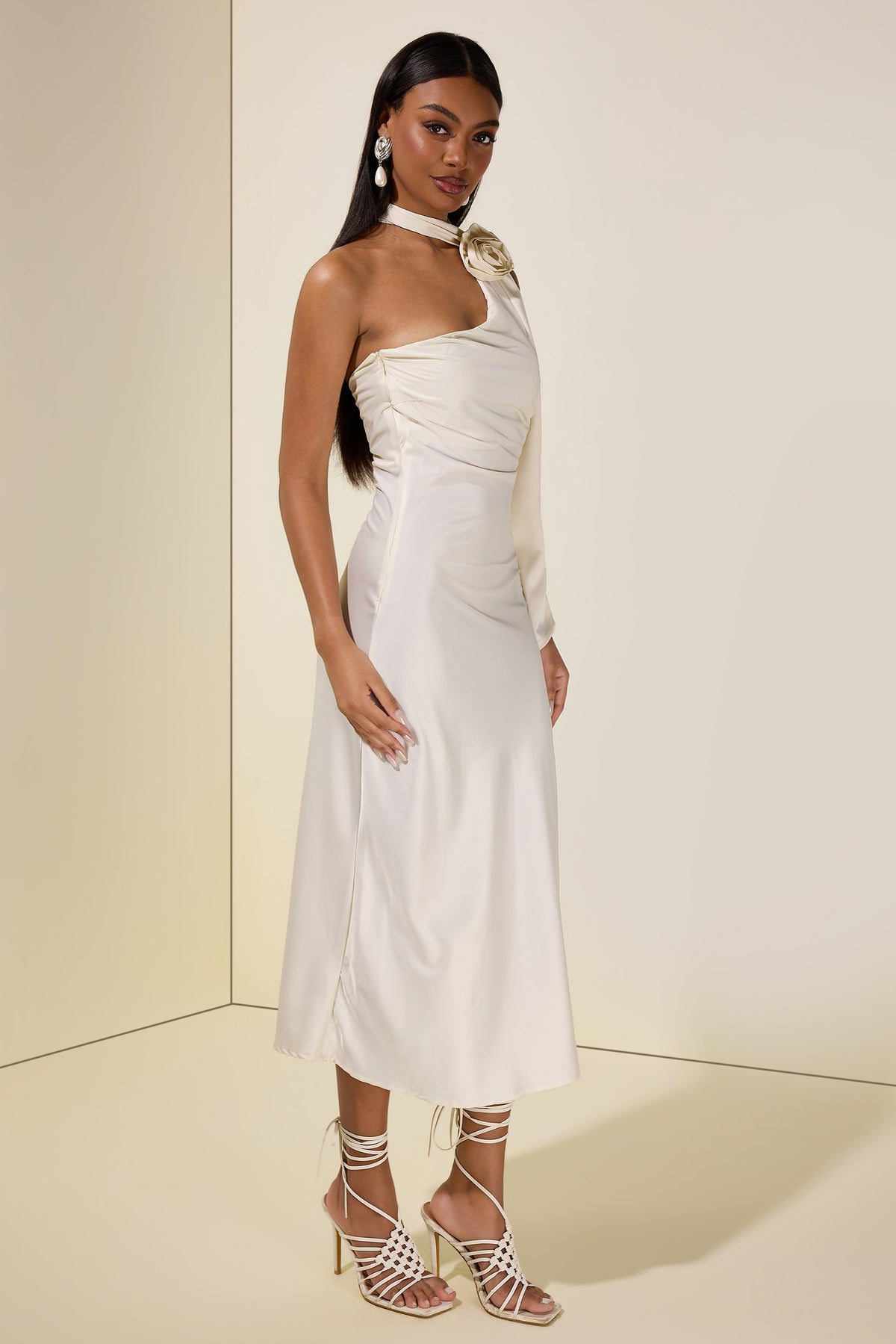 Satin 3D Flower Halter Neck Midi Dress