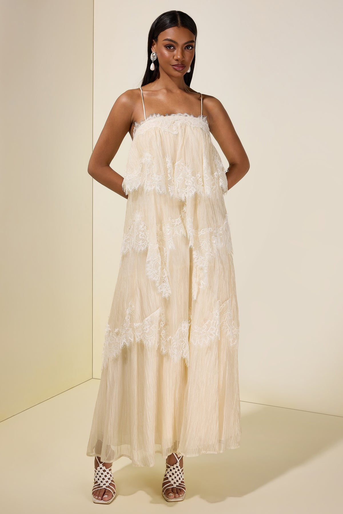 Lace Ruffle Slip Maxi Dress