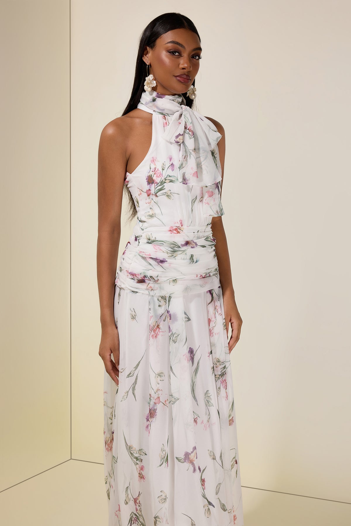 Chiffon Floral Halter Neck Maxi Dress