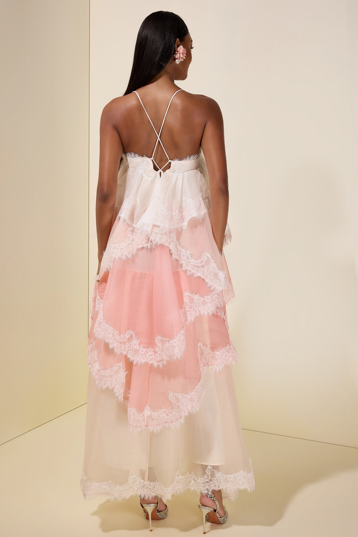 Chiffon Gradient Color Lace Maxi Dress