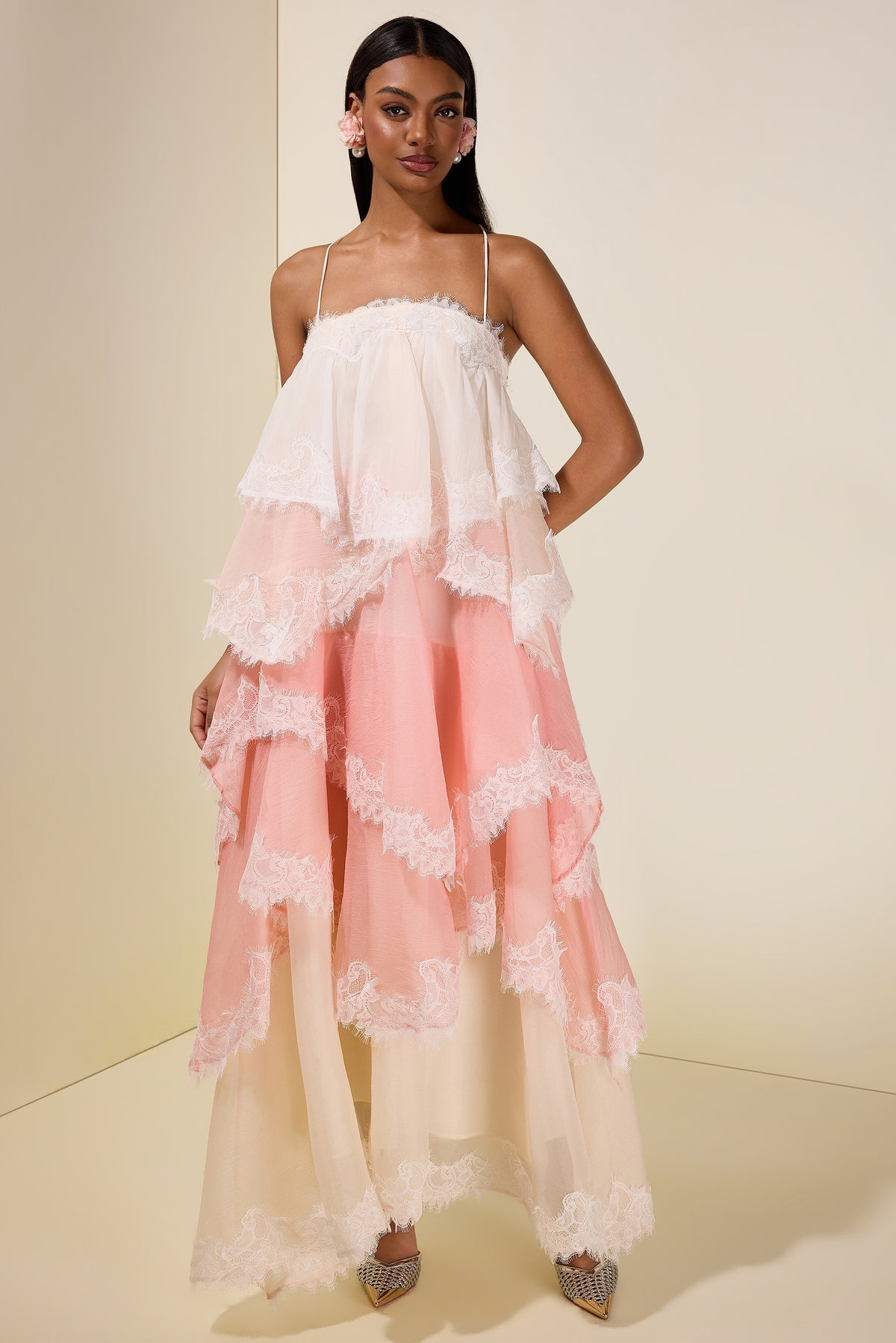 Chiffon Gradient Color Lace Maxi Dress