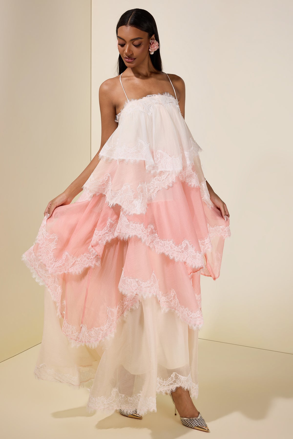 Chiffon Gradient Color Lace Maxi Dress