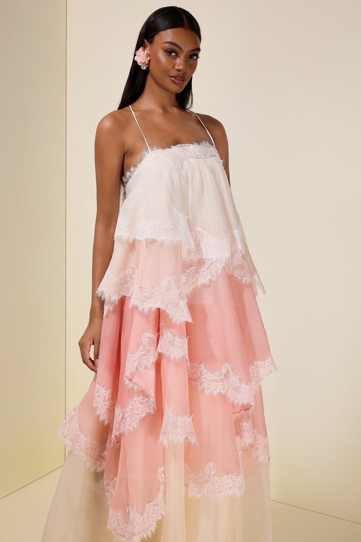 Chiffon Gradient Color Lace Maxi Dress