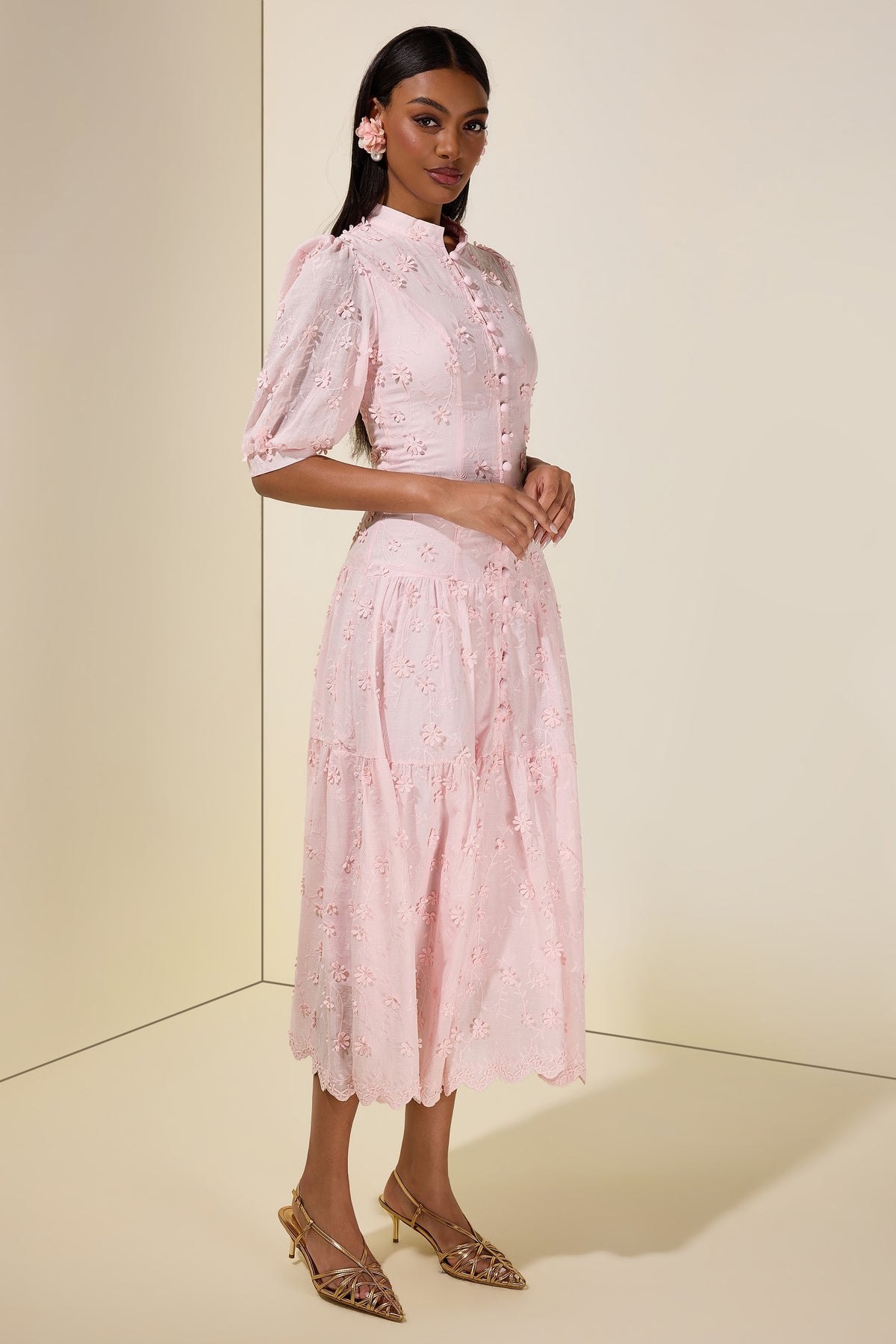 Embroidered Single Breasted Puff Sleeve Midi Dress