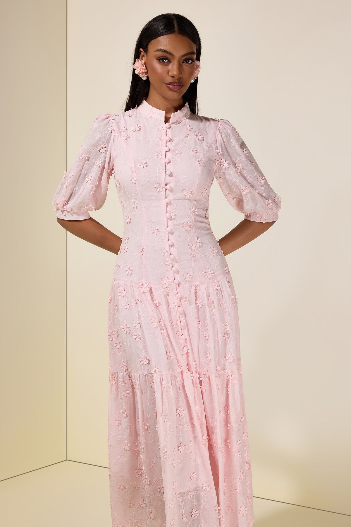Embroidered Single Breasted Puff Sleeve Midi Dress