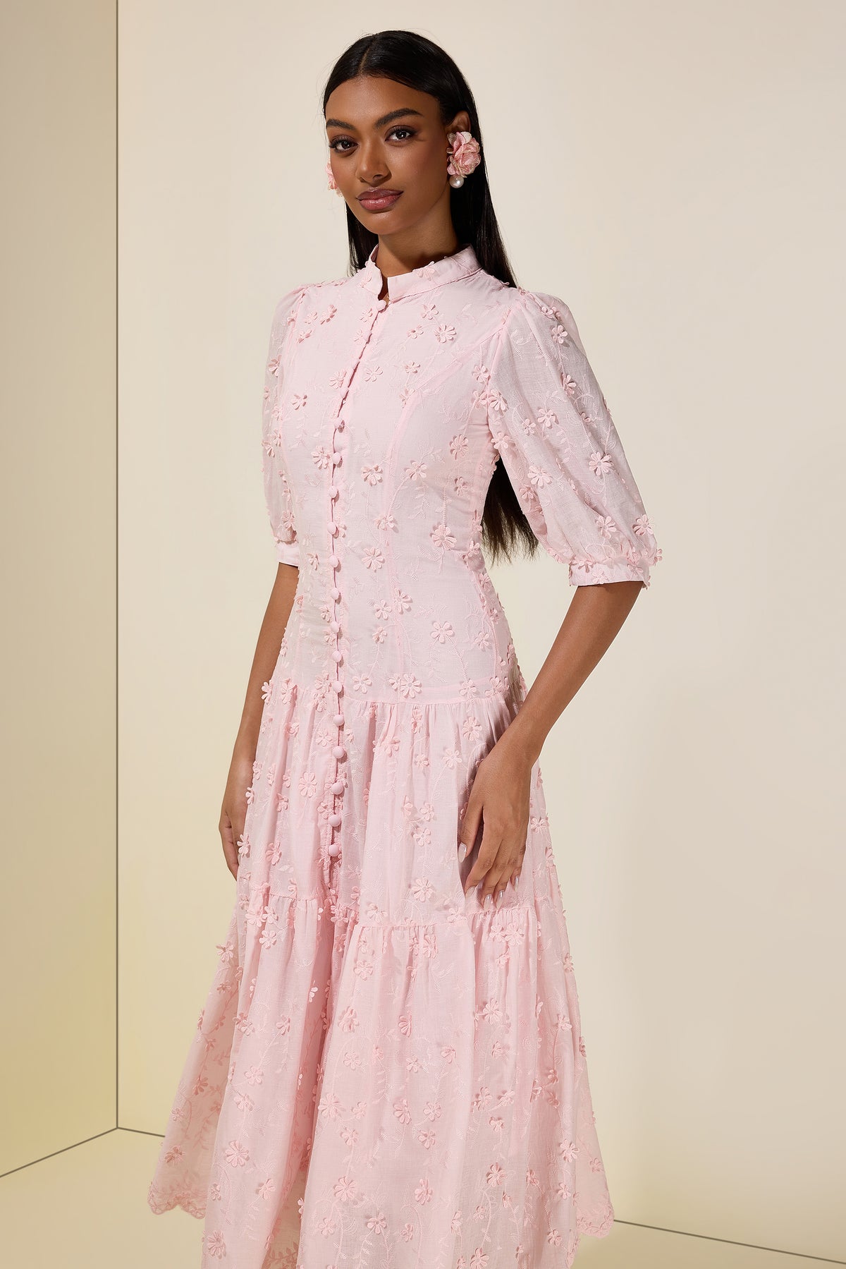 Embroidered Single Breasted Puff Sleeve Midi Dress
