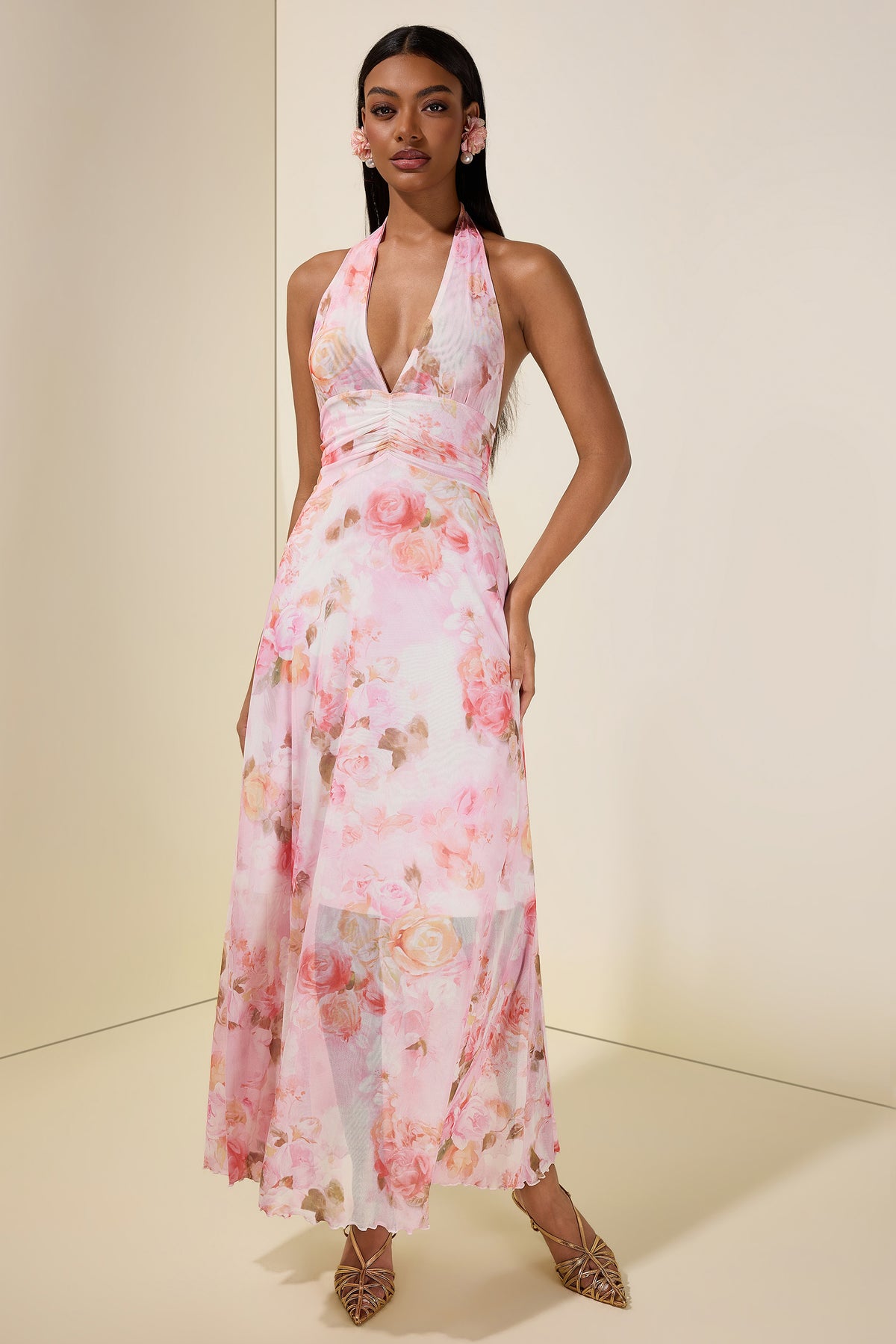 Floral Gathering Halter Neck Maxi Dress