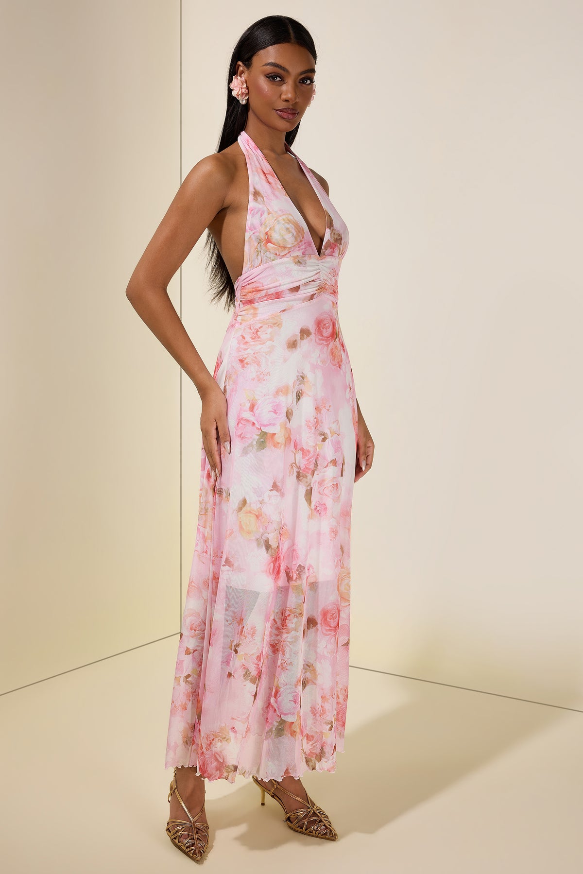 Floral Gathering Halter Neck Maxi Dress