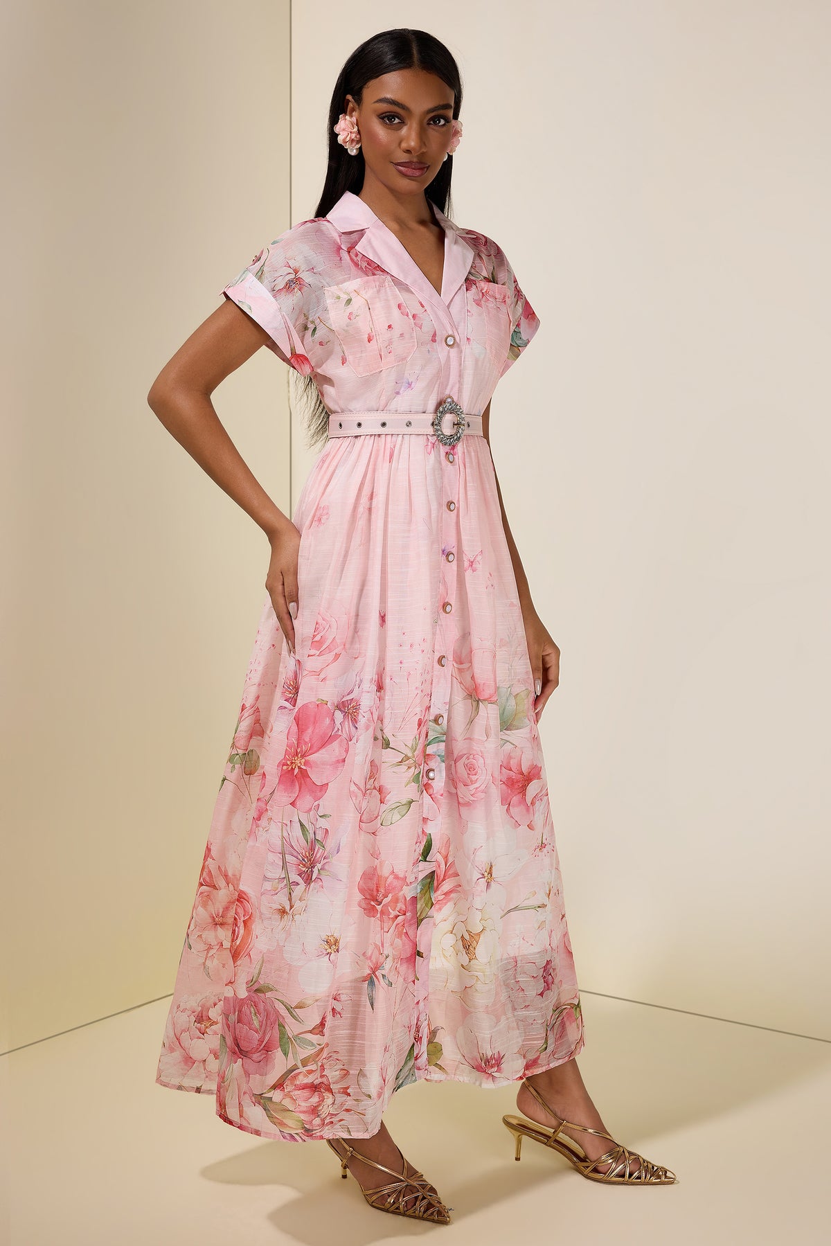 Floral Single Breasted Midi Dress With Belt