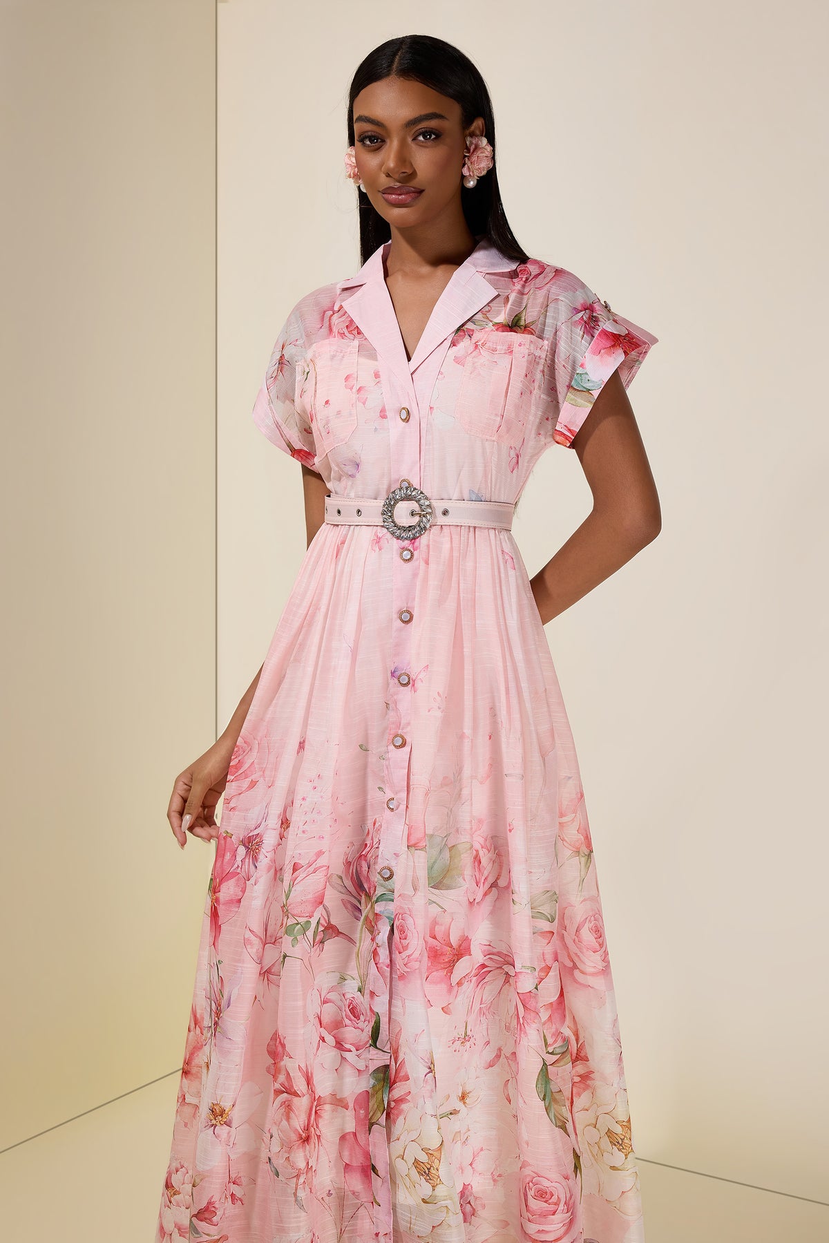 Floral Single Breasted Midi Dress With Belt