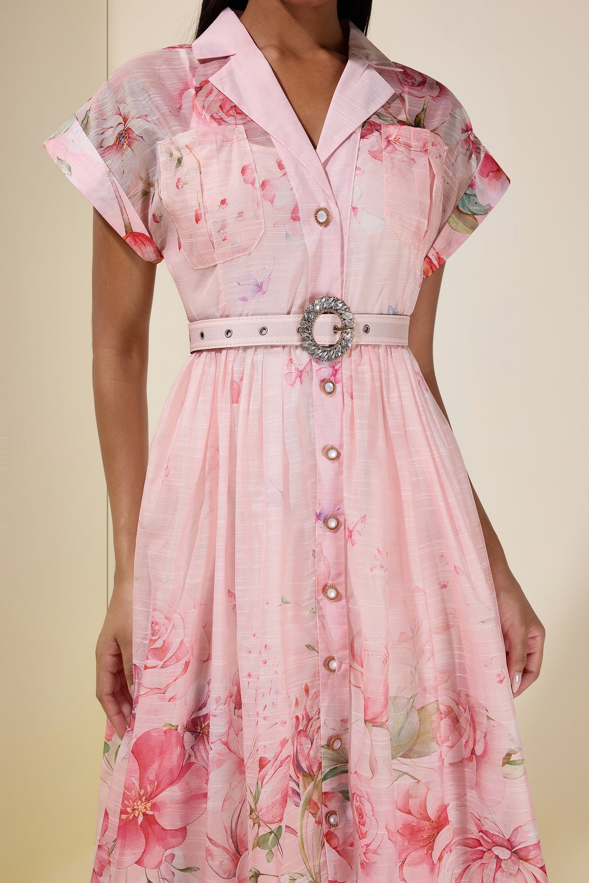 Floral Single Breasted Midi Dress With Belt