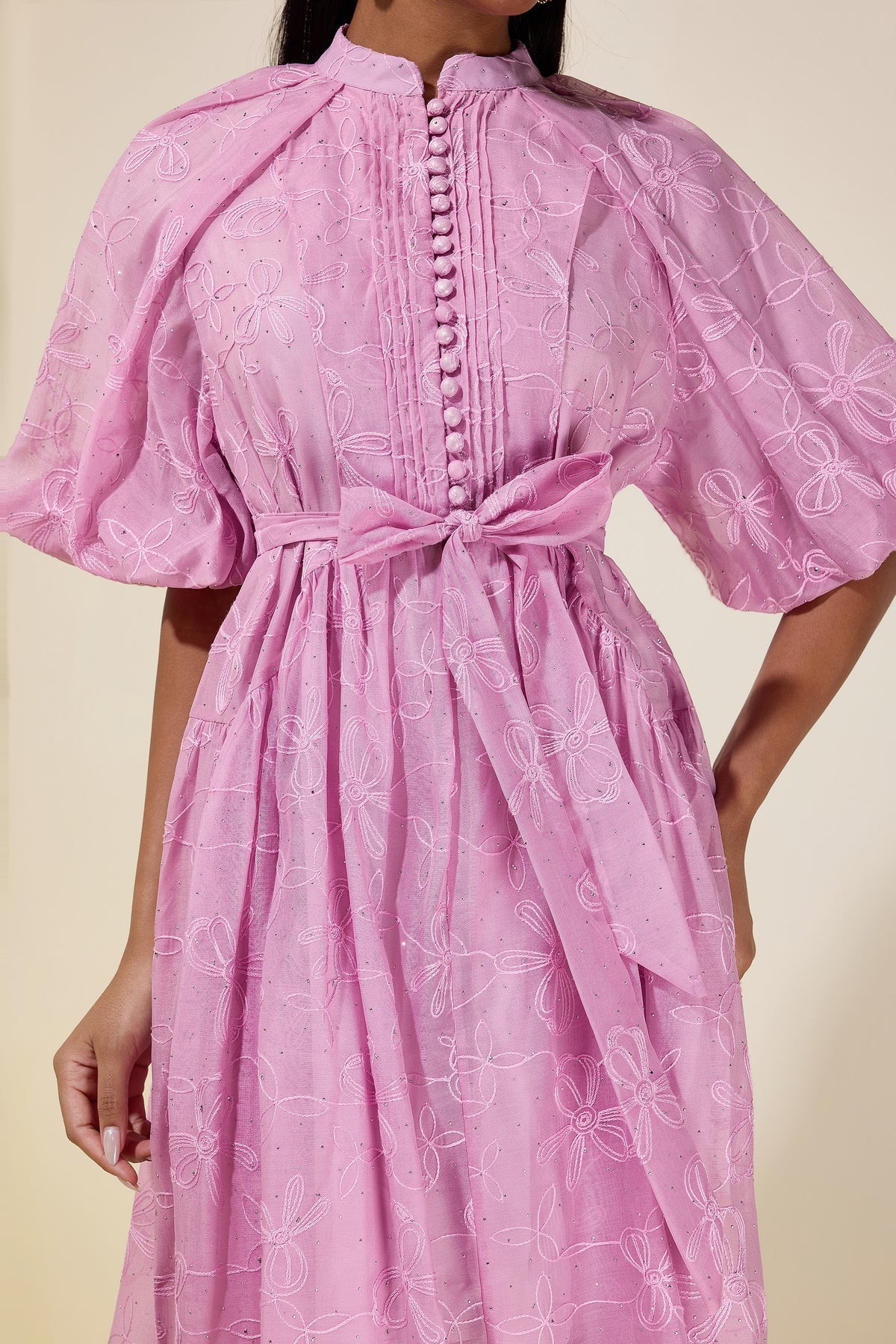 Embroidered Rhinestone Puff Sleeve Mini Dress