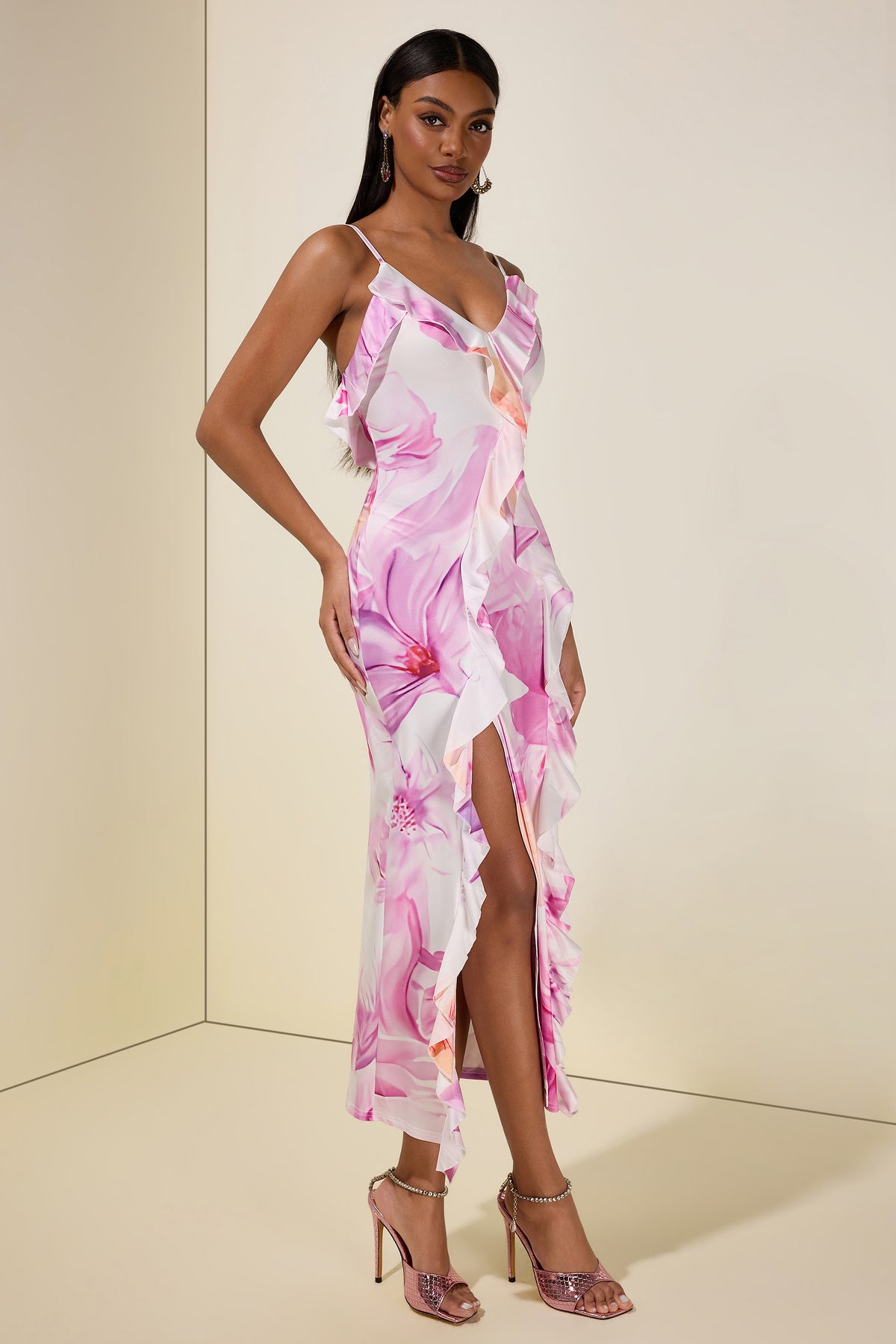 Floral Ruffle Slit Midi Dress
