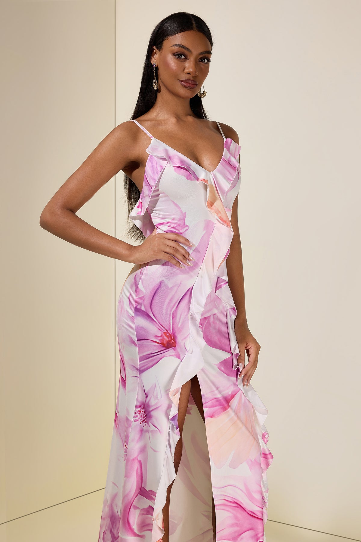 Floral Ruffle Slit Midi Dress