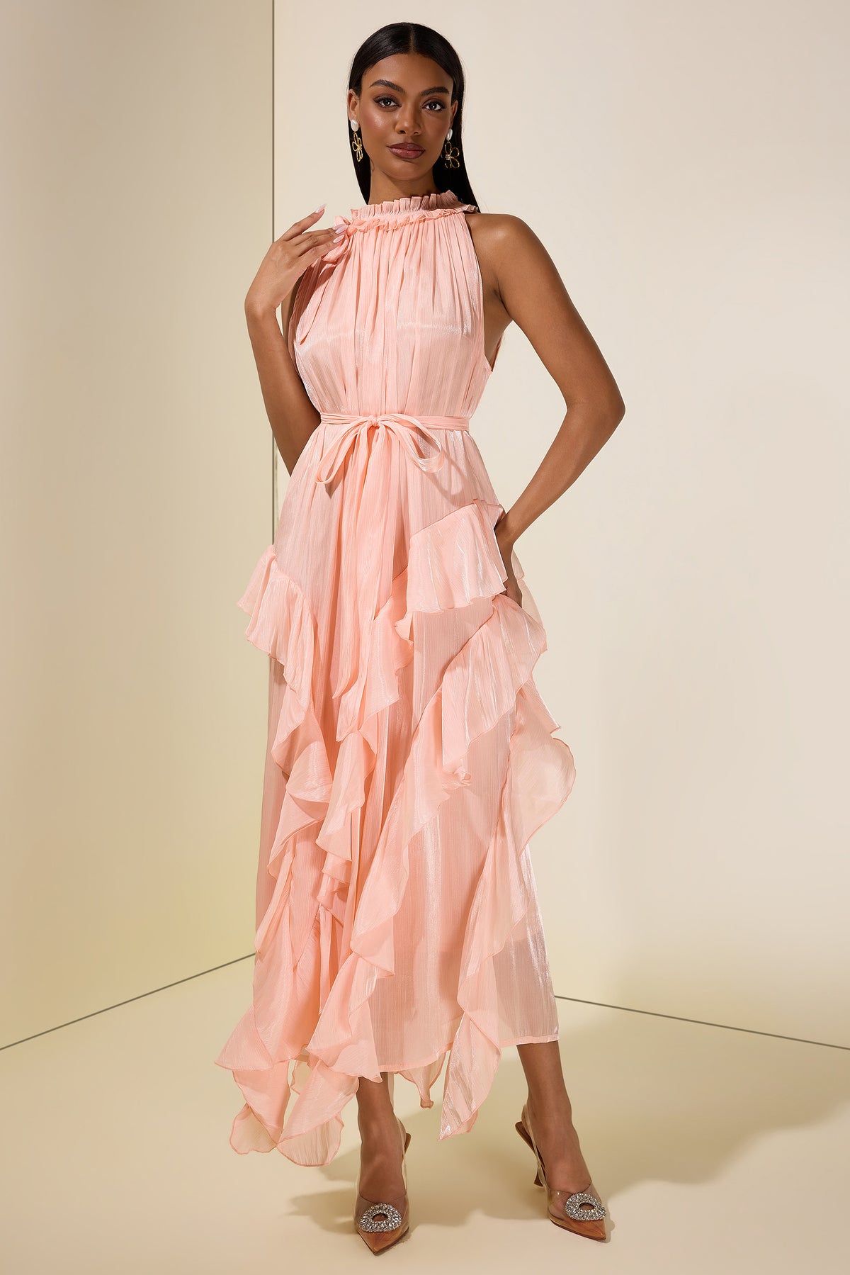 Satin Halter Neck Ruffle Midi Dress
