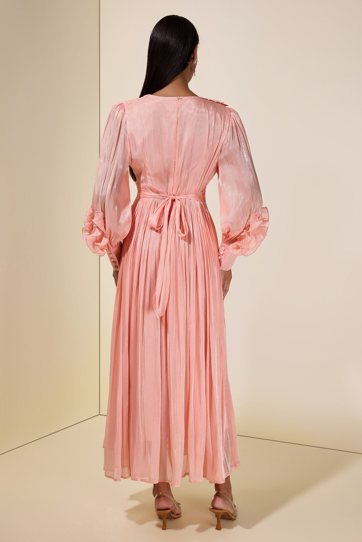 Satin V-Neck Ruffle Midi Dress