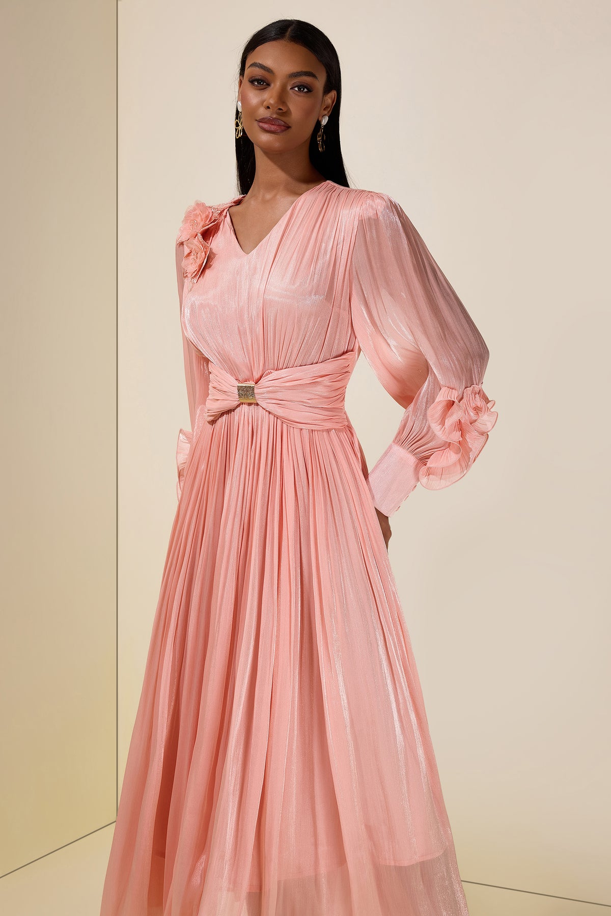 Satin V-Neck Ruffle Midi Dress