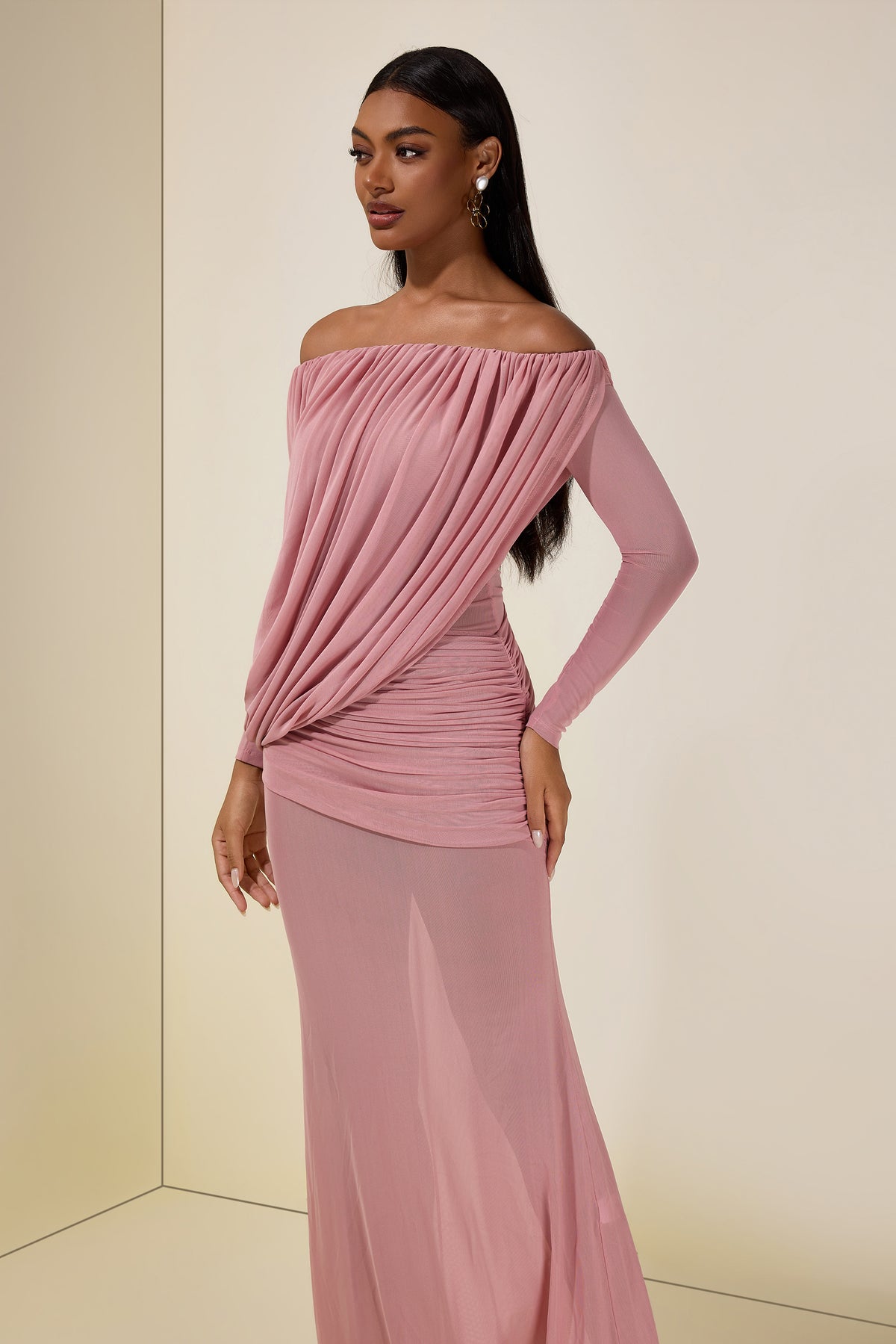 Mesh Asymmetrical Gathering Long Sleeve Maxi Dress