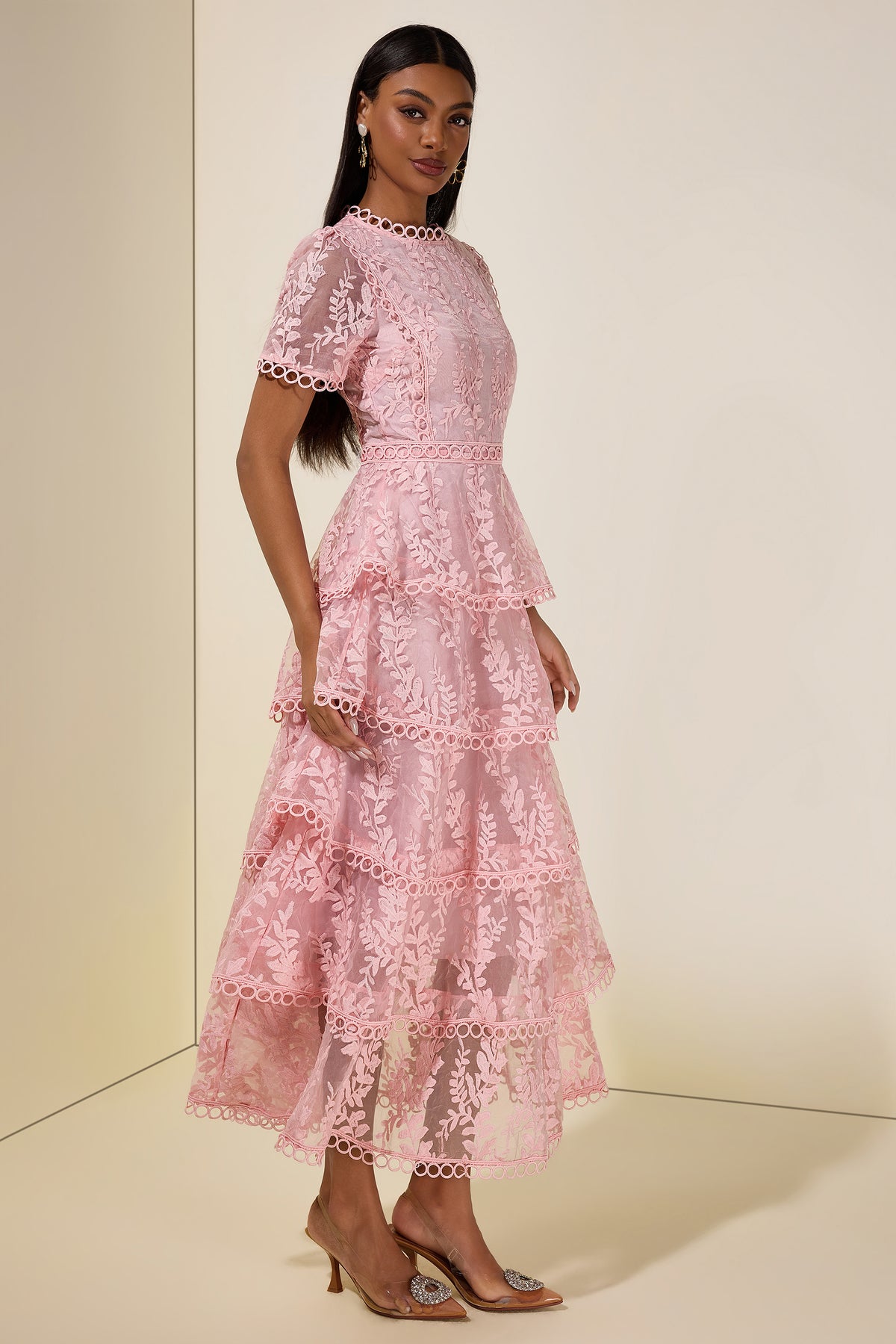 Embroidered Lace Ruffle Maxi Dress