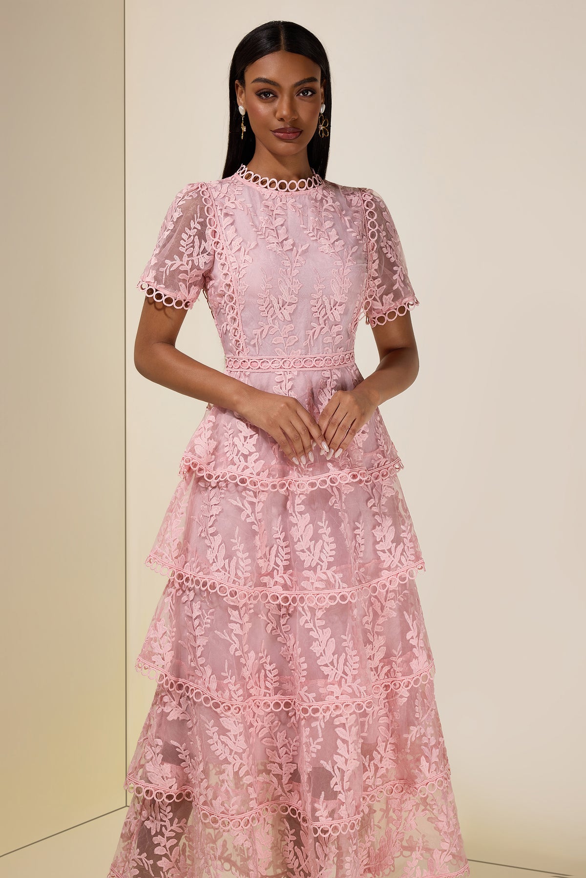 Embroidered Lace Ruffle Maxi Dress